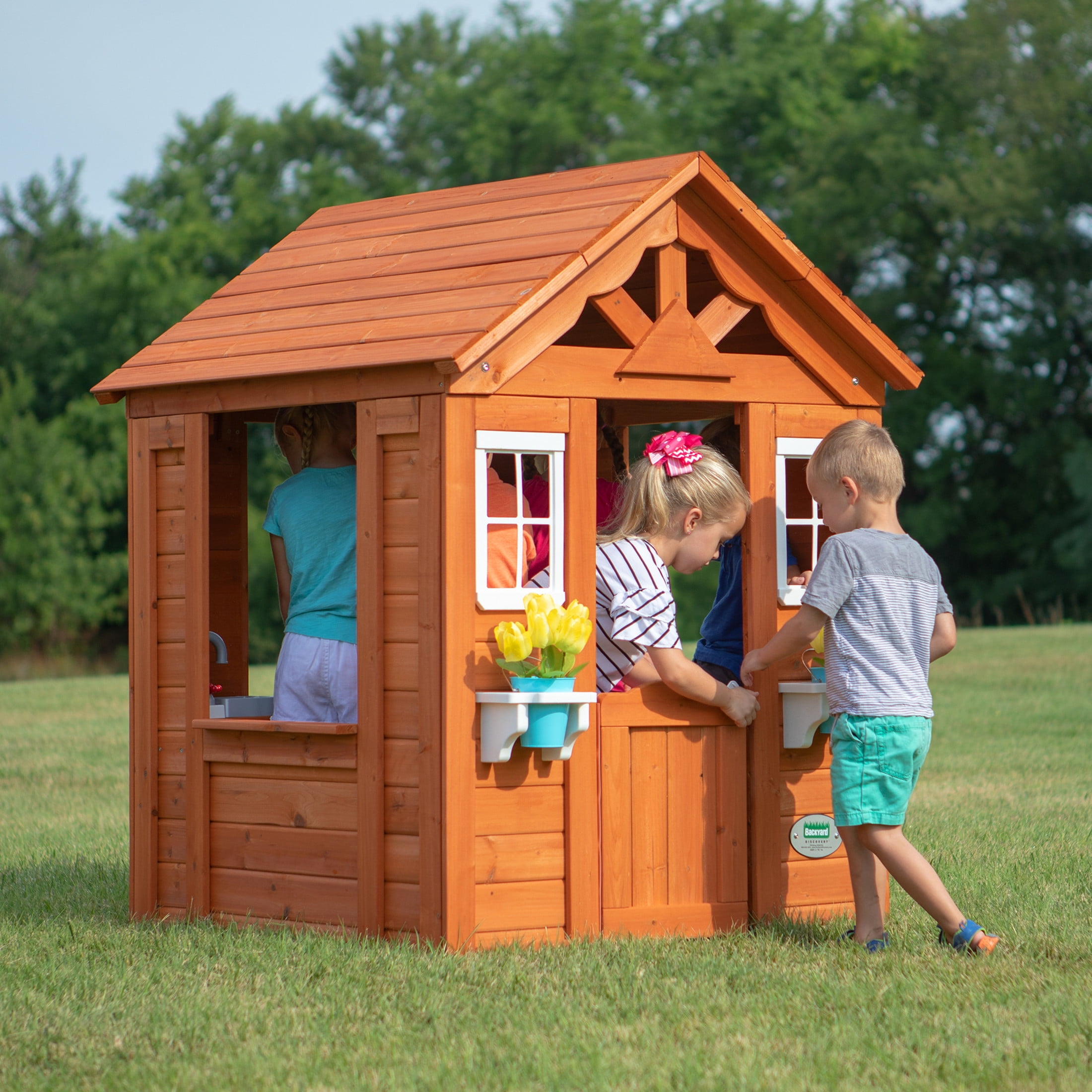 Backyard Discovery Timberlake Cedar Wooden Kids Playhouse, Play Kitchen, Snack Bar Window