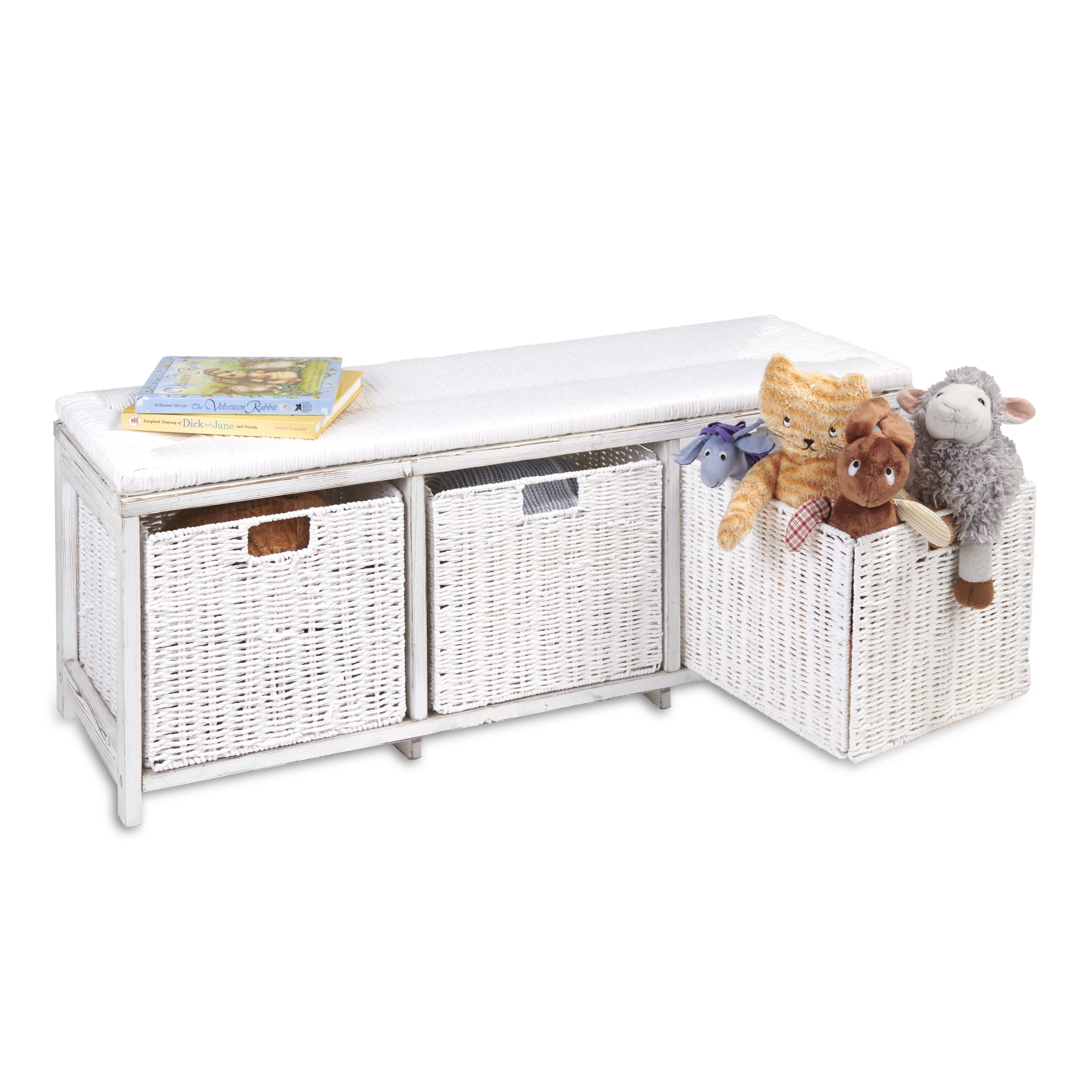 Badger Basket Kid's Storage Bench with Woven Top and Baskets 2.7 Cu ft. - White