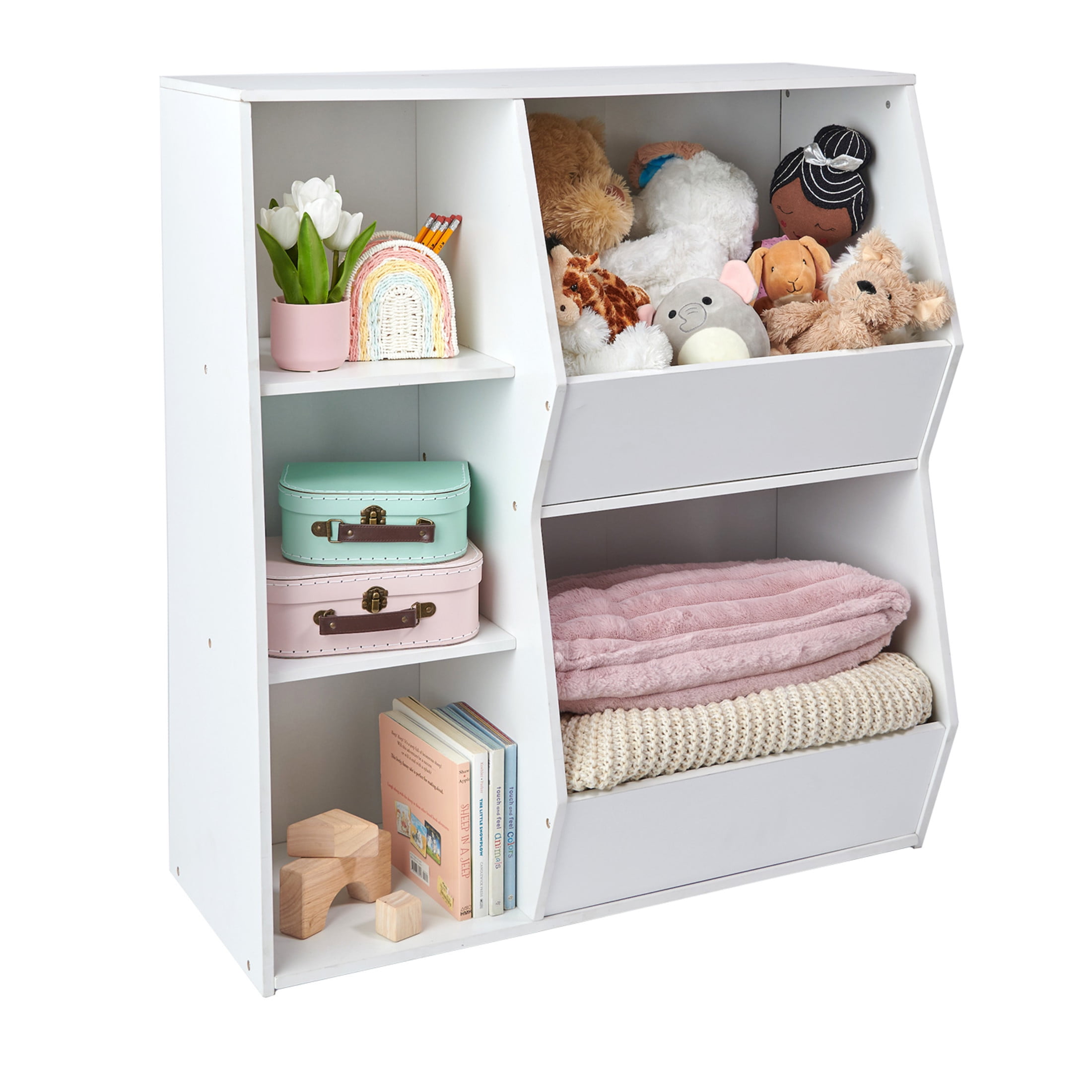 Badger Basket Side-by-Side Children's Combo Bin Wood Toy Storage Bookshelf with 5 Cubbies 7.7 Cu ft. - White