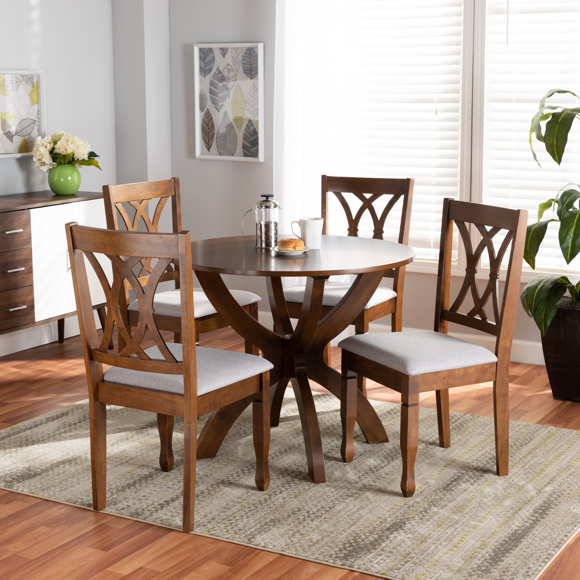 Baxton Studio April Modern and Contemporary Grey Fabric Upholstered and Walnut Brown Finished Wood 5-Piece Dining Set