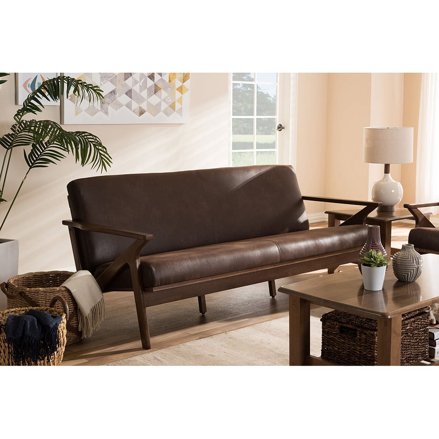 Baxton Studio Bianca Mid-Century Modern Walnut Wood Dark Brown Distressed Faux Leather 3-Seater Sofa
