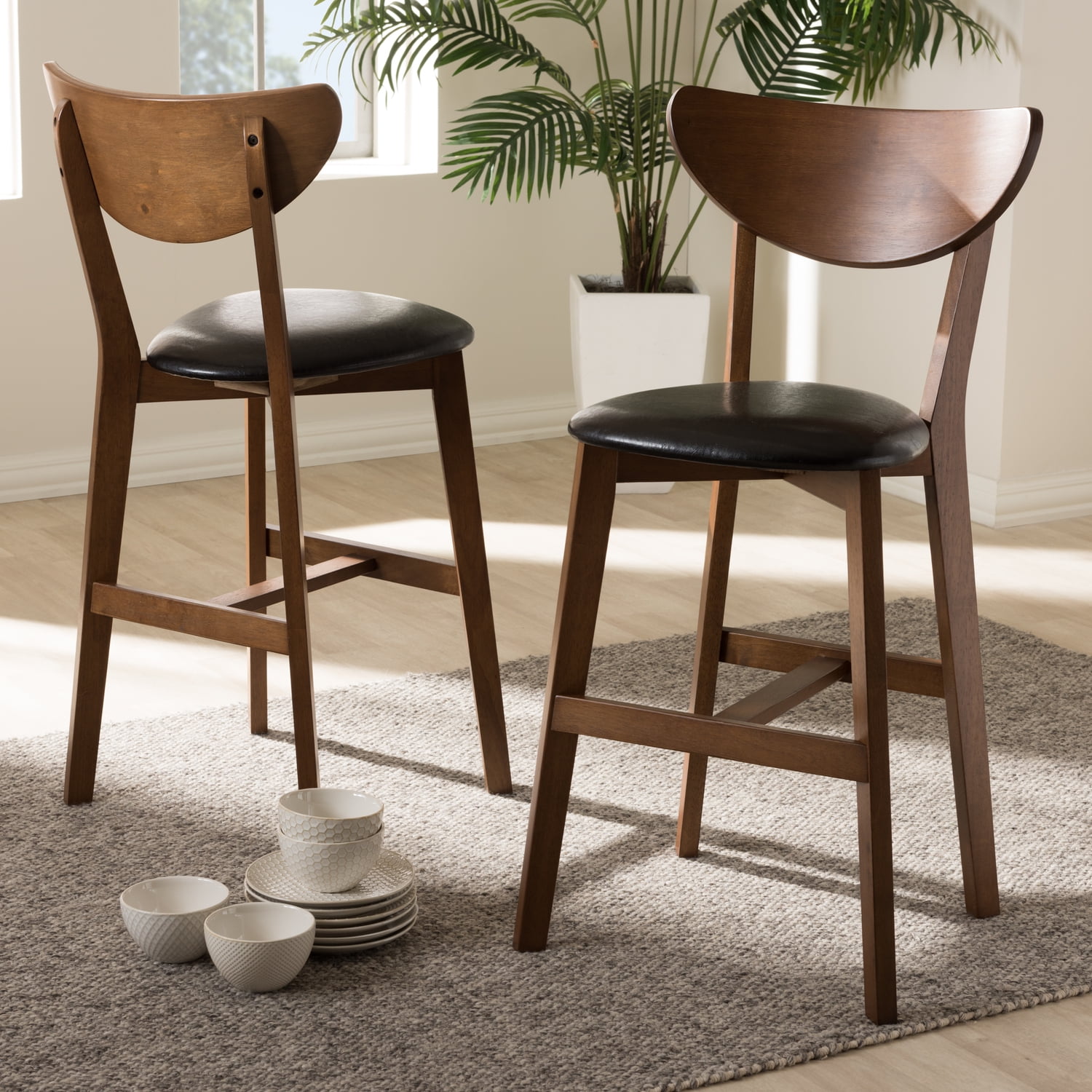 Set of 2 Baxton Studio Eline Mid-Century Modern Black Faux Leather Upholstered Walnut Finished Counter Stool