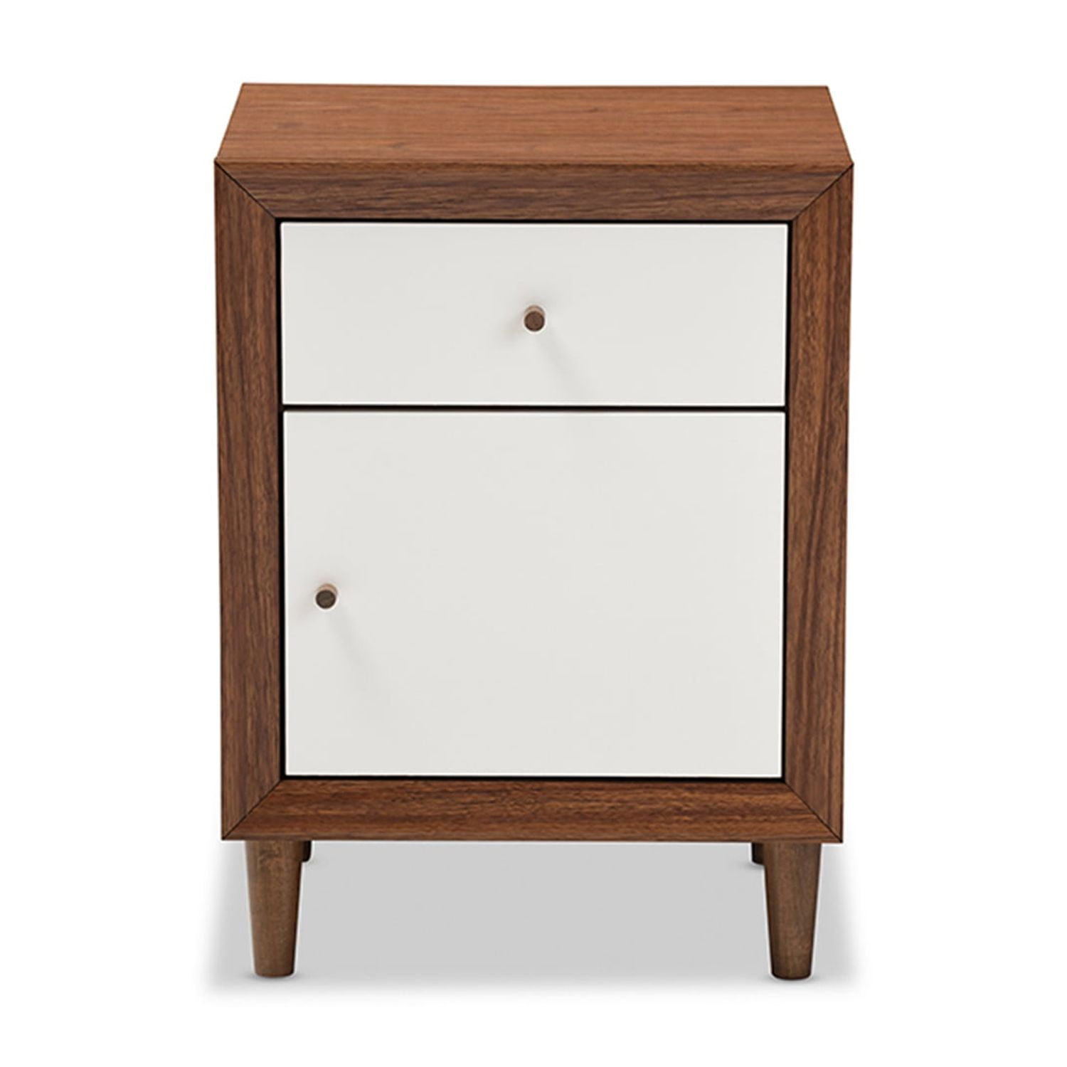 Baxton Studio Harlow Mid-century Modern Scandinavian Style White and Walnut Wood 1-drawer and 1-door Nightstand