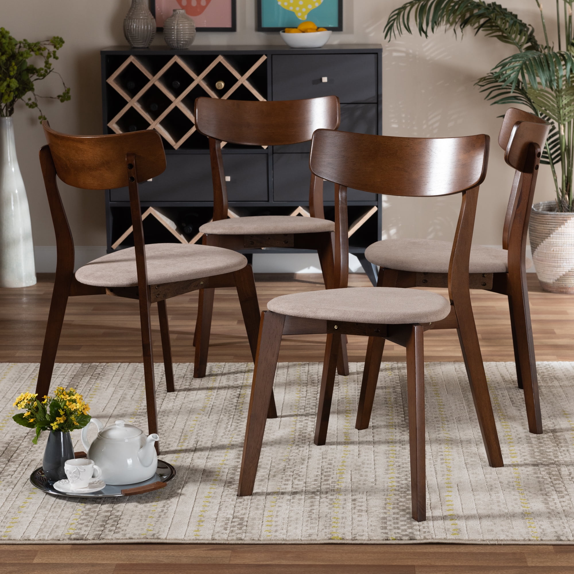 Baxton Studio Iora Mid-Century Modern Transitional Light Beige Fabric Upholstered and Walnut Brown Finished Wood 4-Piece Dining Chair Set