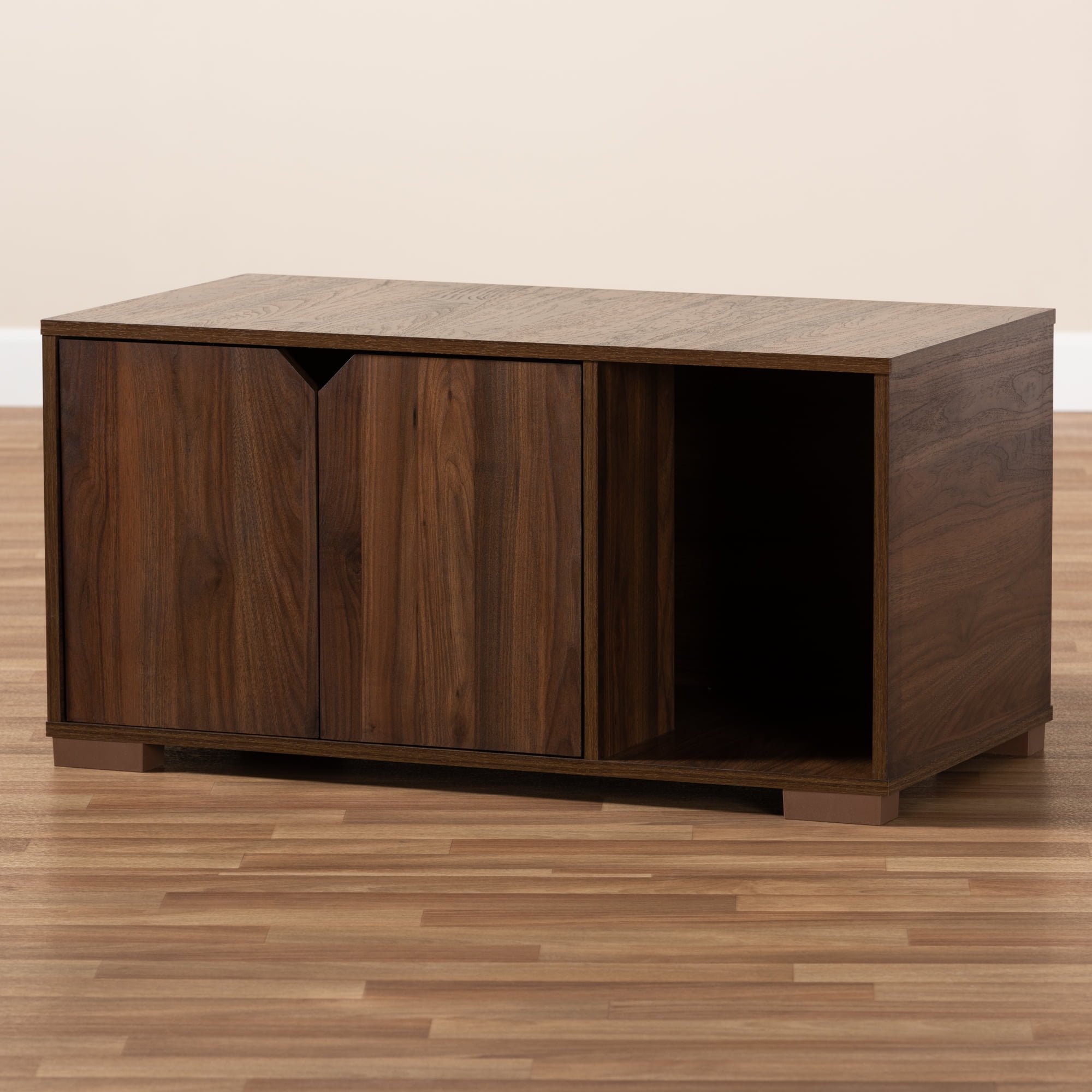 Baxton Studio Jasper Modern and Contemporary Walnut Brown Finished 2-Door Wood Cat Litter Box Cover House