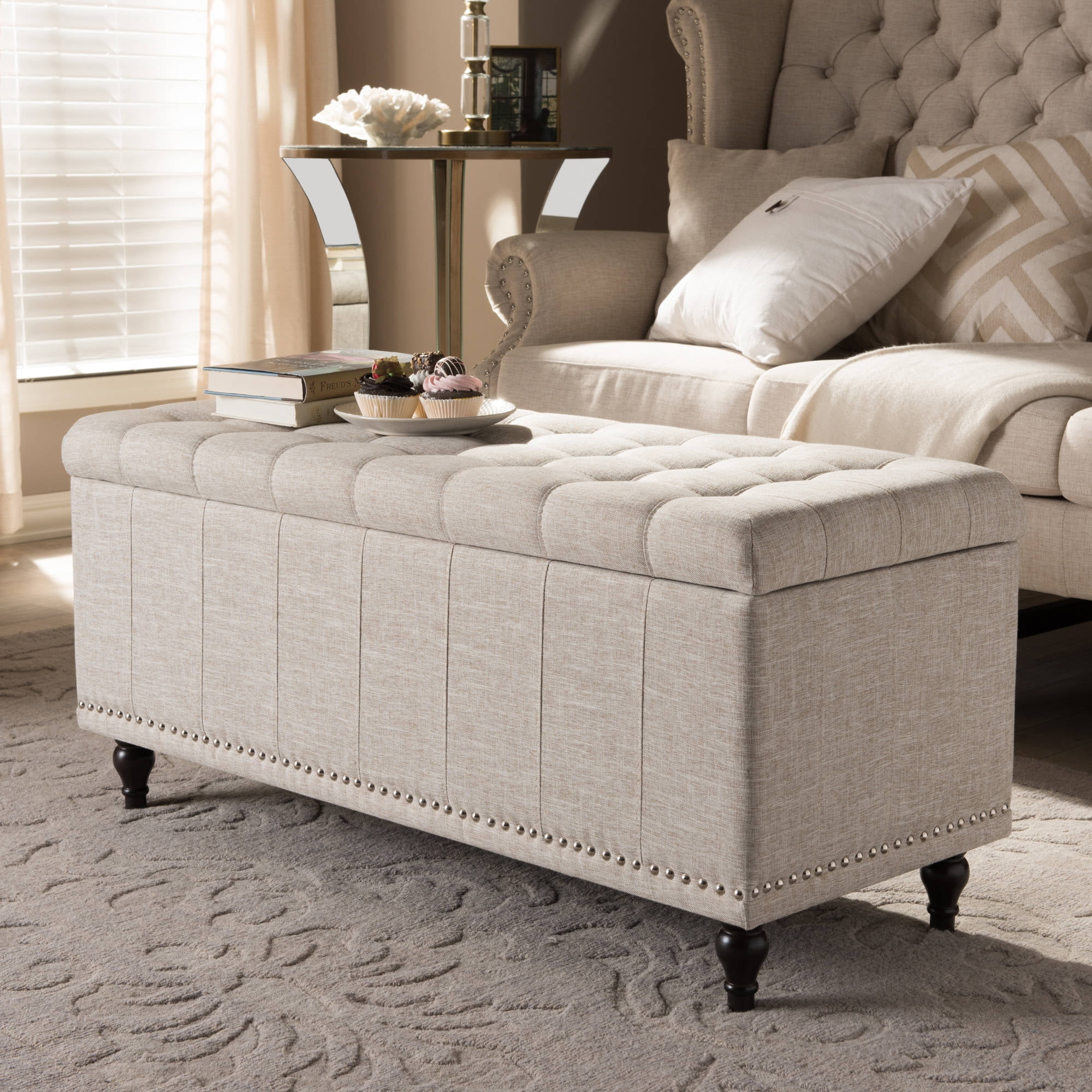 Baxton Studio Kaylee Modern Classic Beige Fabric Upholstered Button-Tufting Storage Ottoman Bench