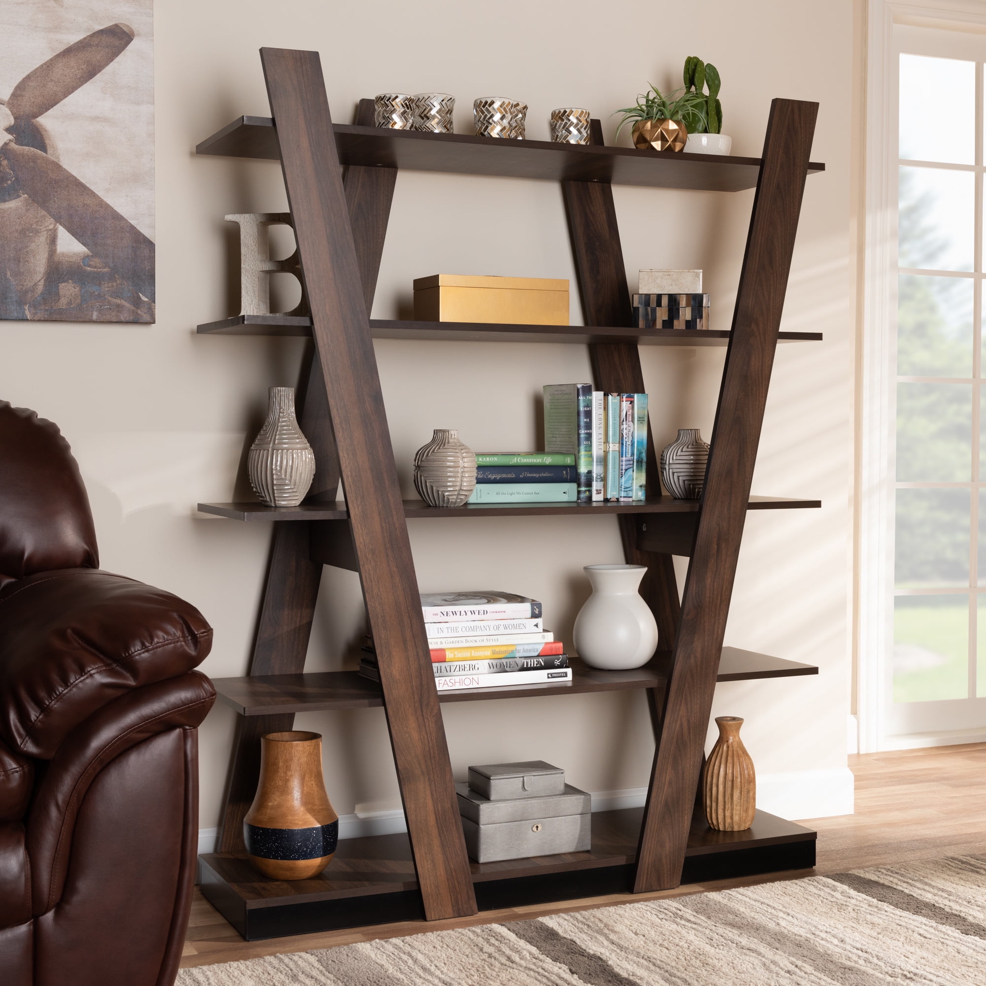 Baxton Studio Michio Modern and Contemporary Walnut Brown Finished 5-Tier Wood Geometric Living Room Display Shelf