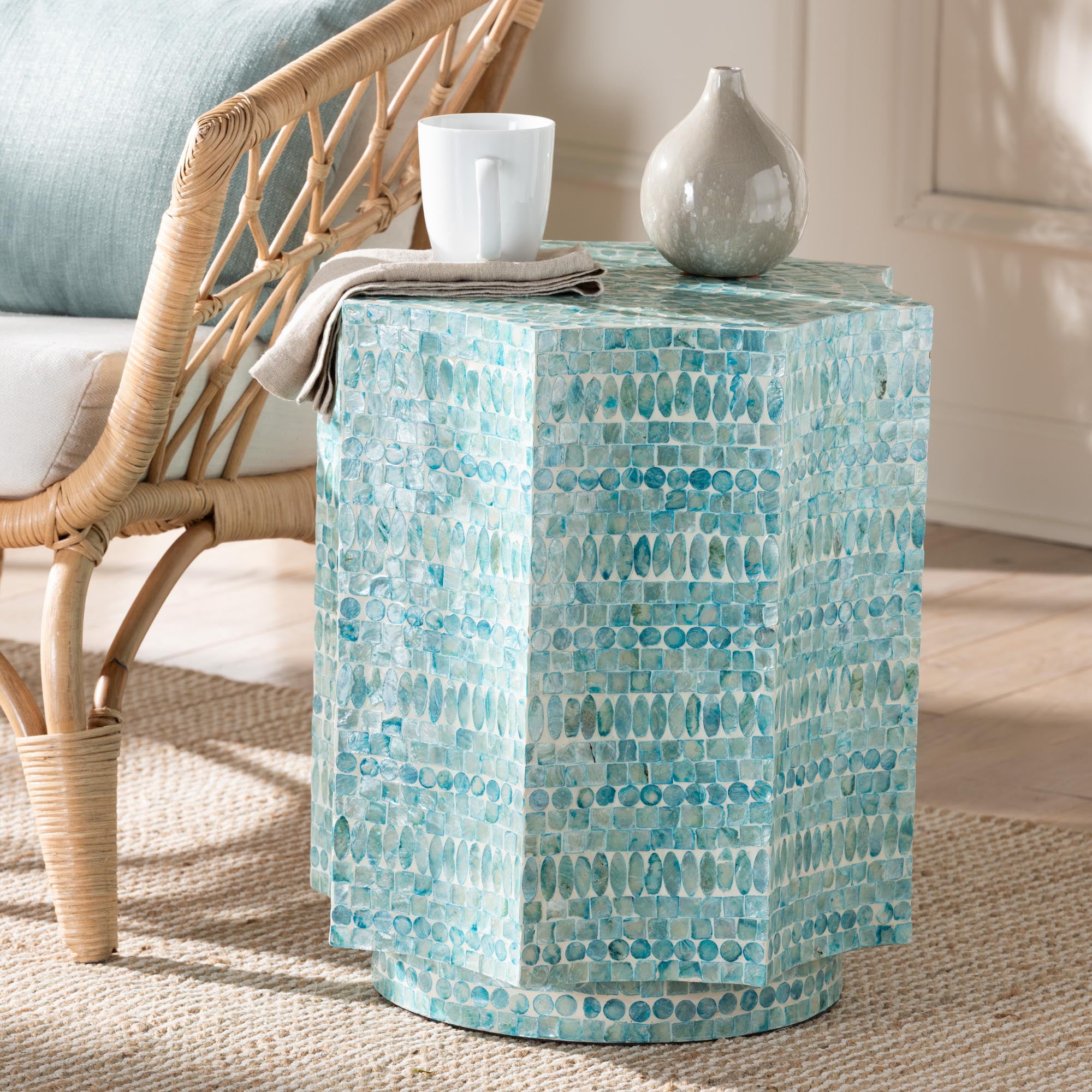 Baxton Studio Olesia Mother of Pearl BOHO End Table, Blue