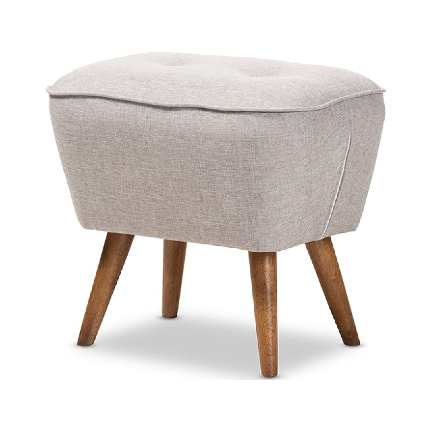 Baxton Studio Petronelle Mid-Century Modern Greyish Beige Fabric Upholstered Walnut Brown Finished Wood Ottoman