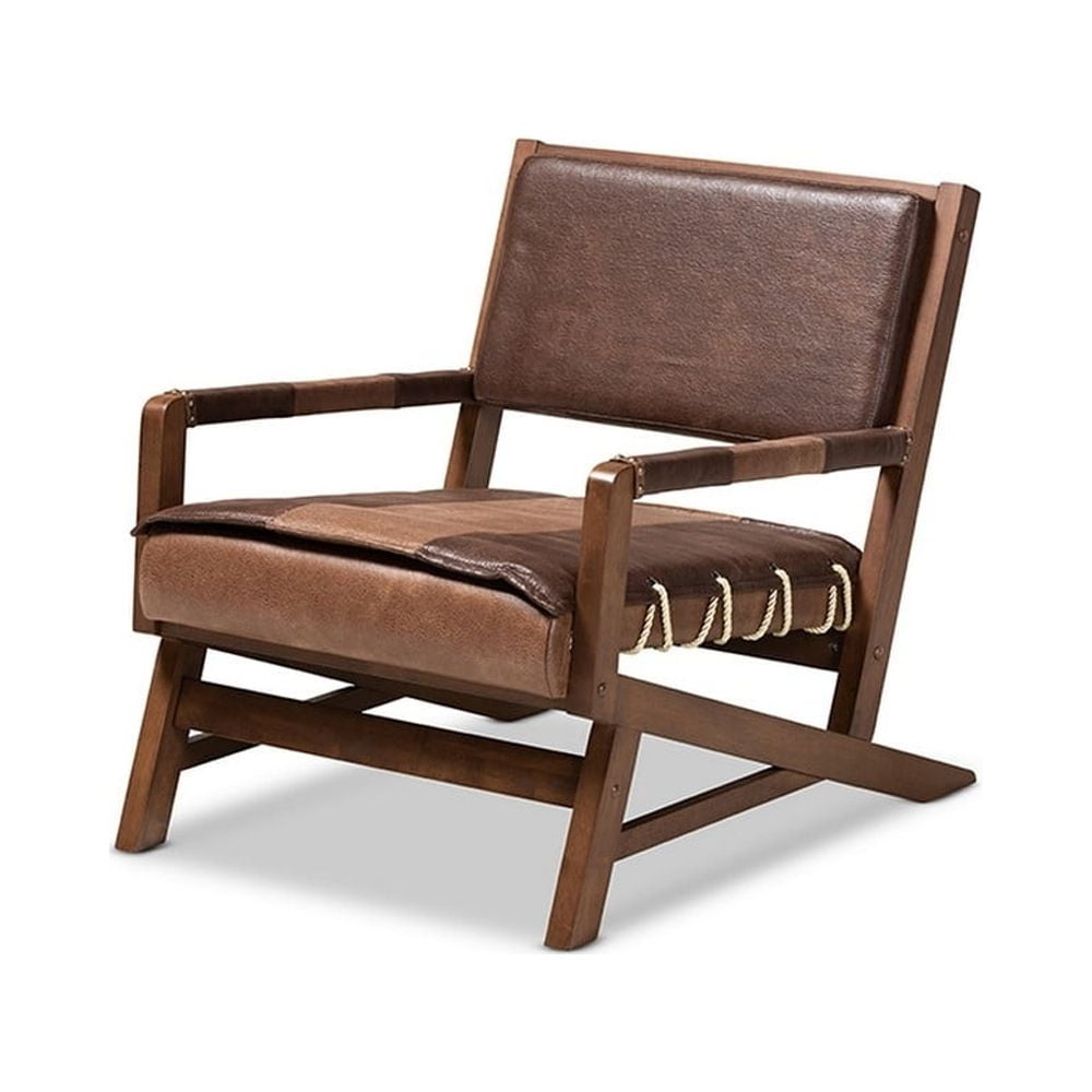 Baxton Studio Rovelyn Rustic Brown Faux Leather Upholstered Walnut Finished Wood Lounge Chair