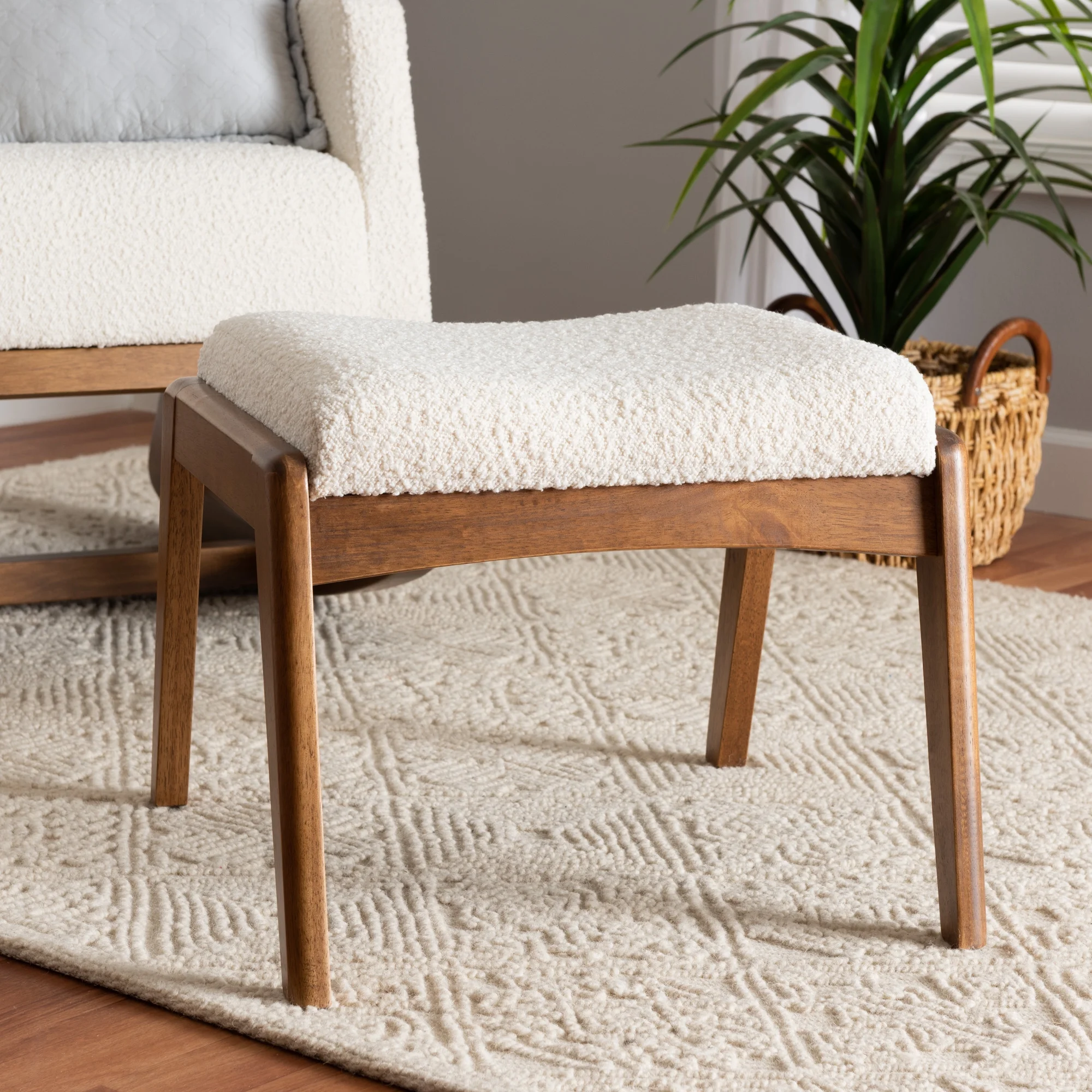 Baxton Studio Roxy Mid-Century Modern Off-White Boucle Upholstered and Walnut Brown Finished Wood Ottoman Footstool