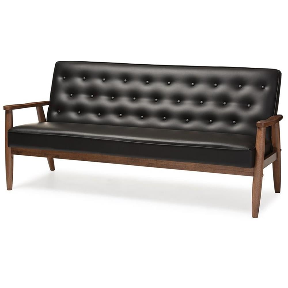 Baxton Studio Sorrento Mid-century Retro Modern Black Faux Leather Upholstered Wooden 3-seater Sofa