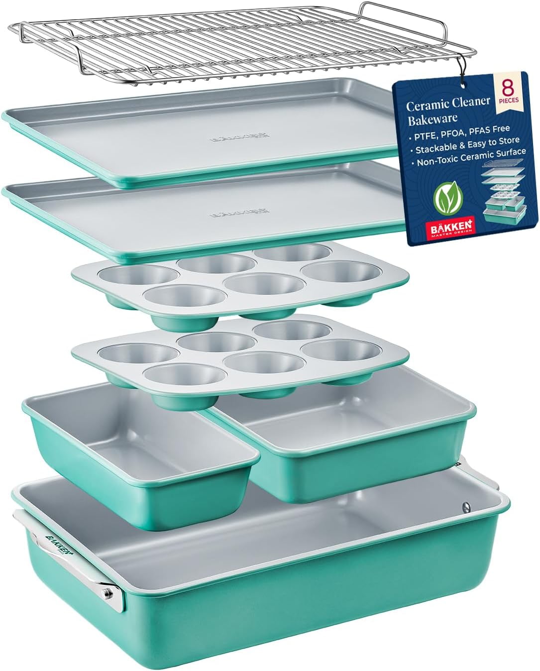 8-Piece Stackable Bakeware Set - Aluminized Steel with Ceramic Non-Stick Coating, Healthy Baking, Ergonomic Handles, Cooling Rack, Non-Toxic, Oven-Safe, Durable Quality
