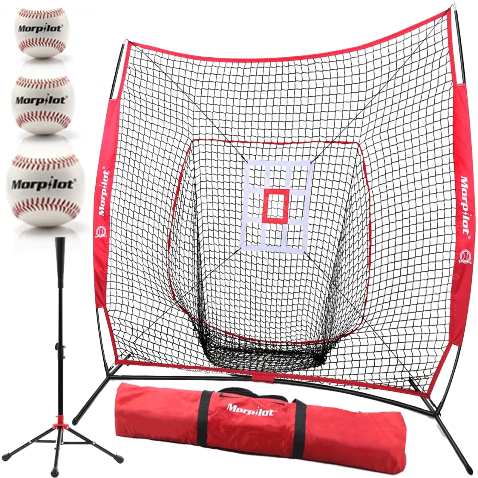 Baseball Net with 3 Baseballs worth $12,Morpilot Baseball Softball Practice Net 7x7ft for Hitting Pitching Net with Bow Type Frame,Batting Tee,Carry Bag and Strike Zone