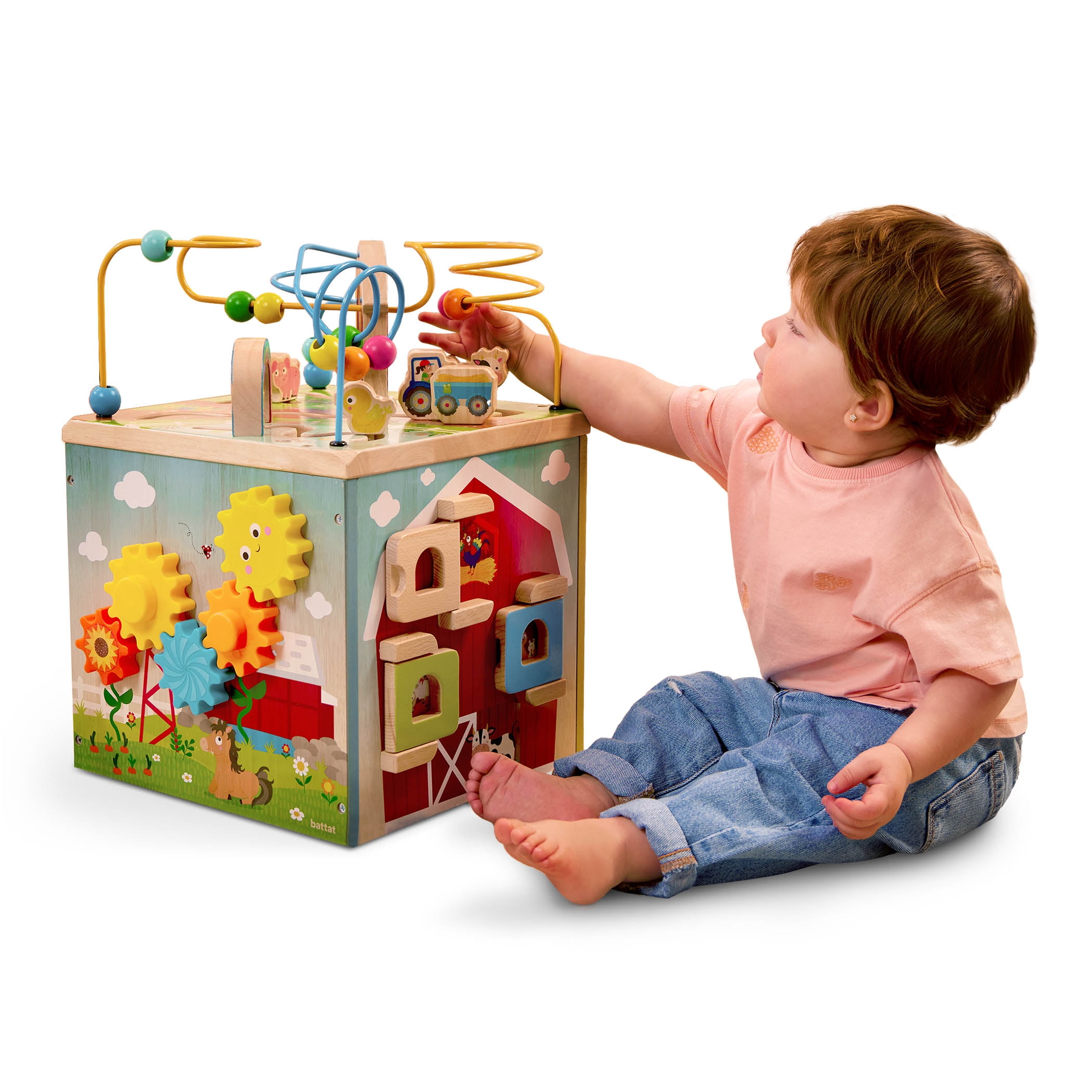 Battat Barnyard Activity Cube with 5 Multicolor Sides and Bead Maze Wooden, Baby and Toddler Toys