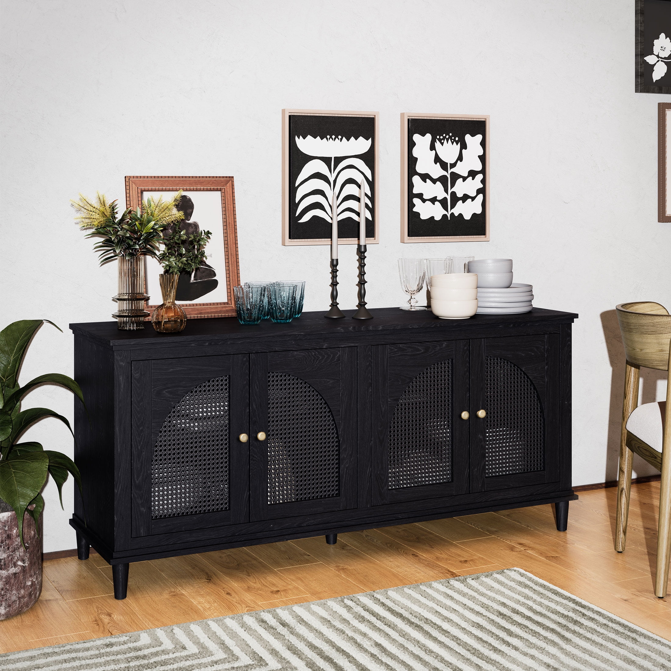 Beautiful Drew Rattan 4-Door Buffet Sideboard by Drew Barrymore, 2 Adjustable Shelves, Black Finish