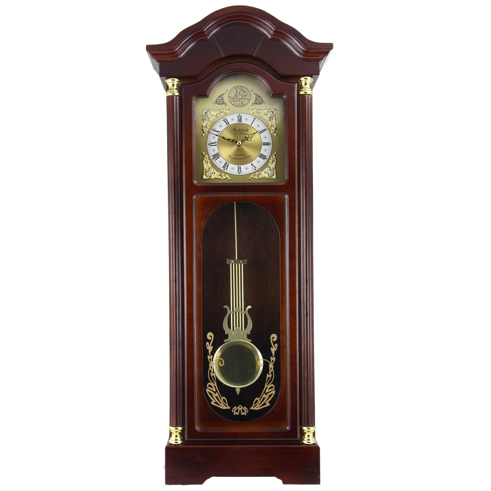 Bedford Clocks 33" Antique Cherry Oak Finish Chiming Wall Clock with Roman Numerals