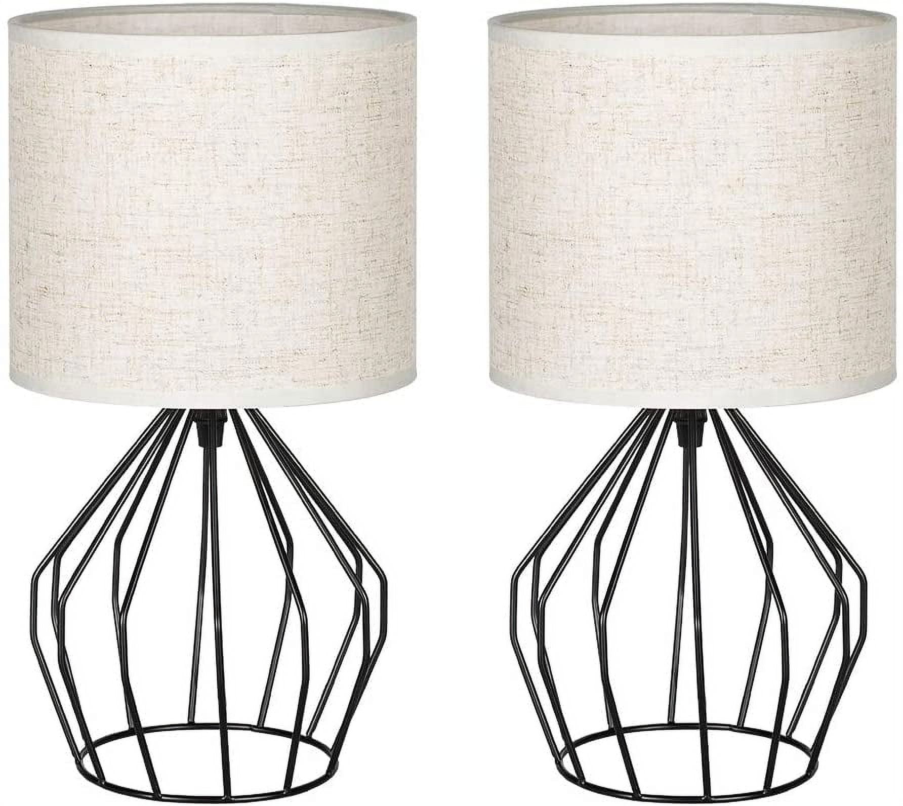 Bedside Table Lamps- Small Nightstand Lamp, Modern Style Black Hollowed Out Base with Linen Fabric Shade Lamps