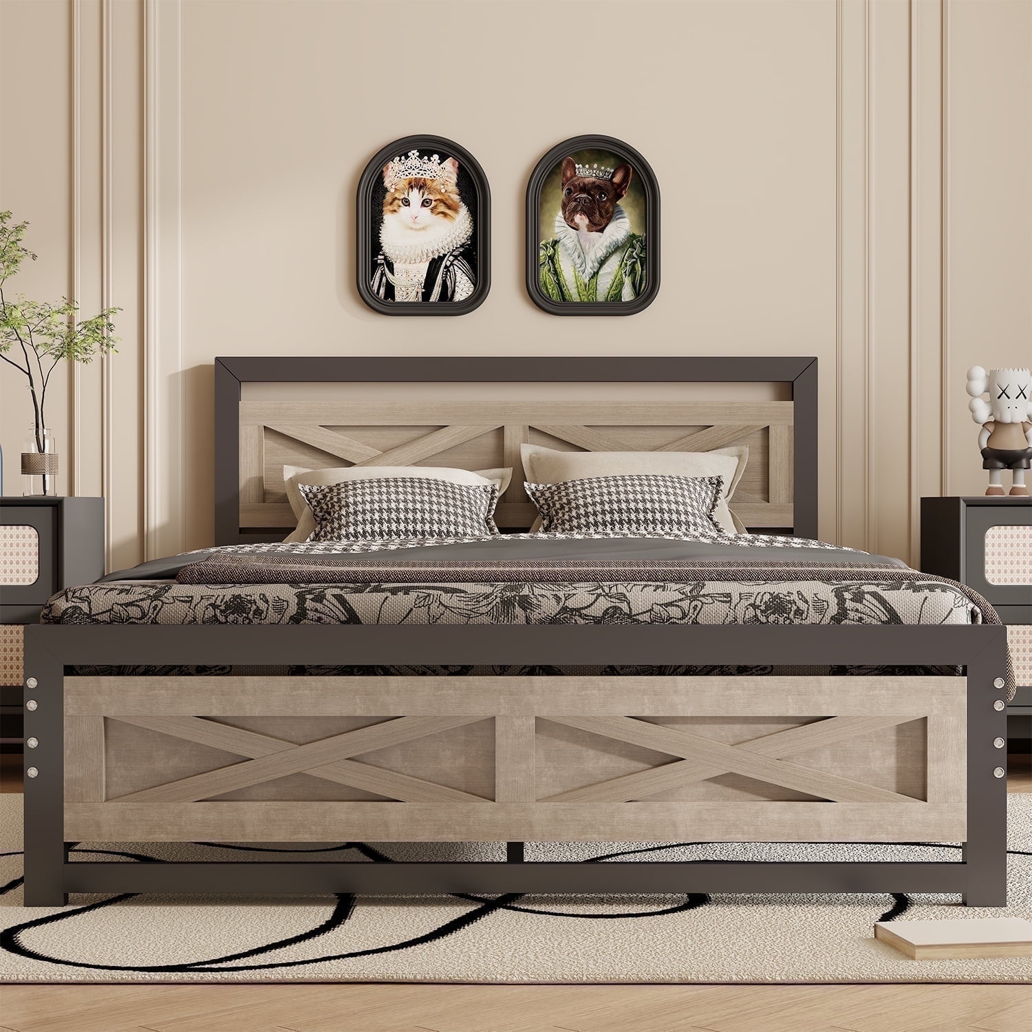 Behost Twin Bed Frame with Headboard and Underbed Storage, Metal Wood Platform Bed Frame Twin, No Box Spring Needed