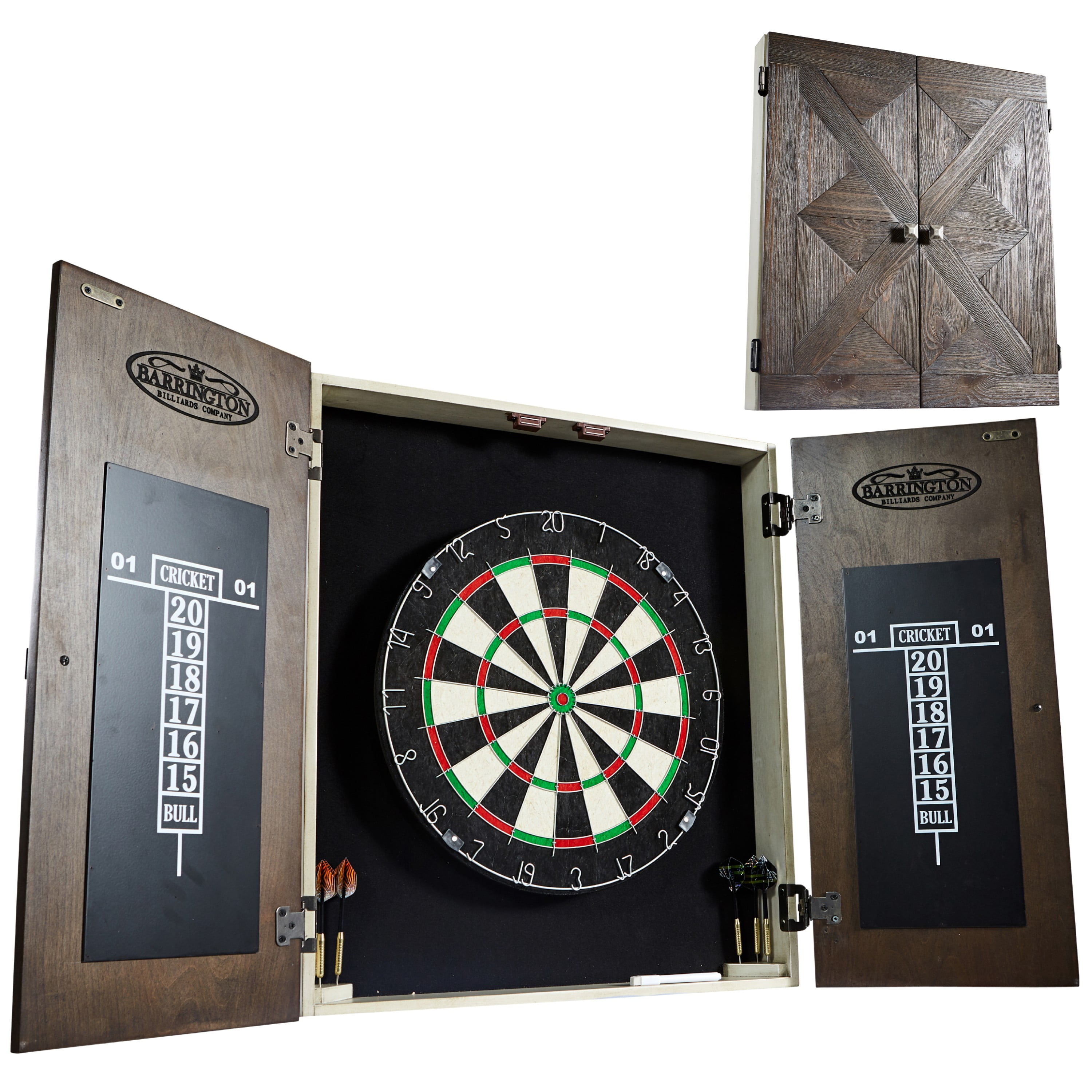 Bellevue Wood Dartboard Cabinet with 18-inch Bristle Dartboard and Steel Tip Dart Set Perfect for Cricket by Barrington Billiards