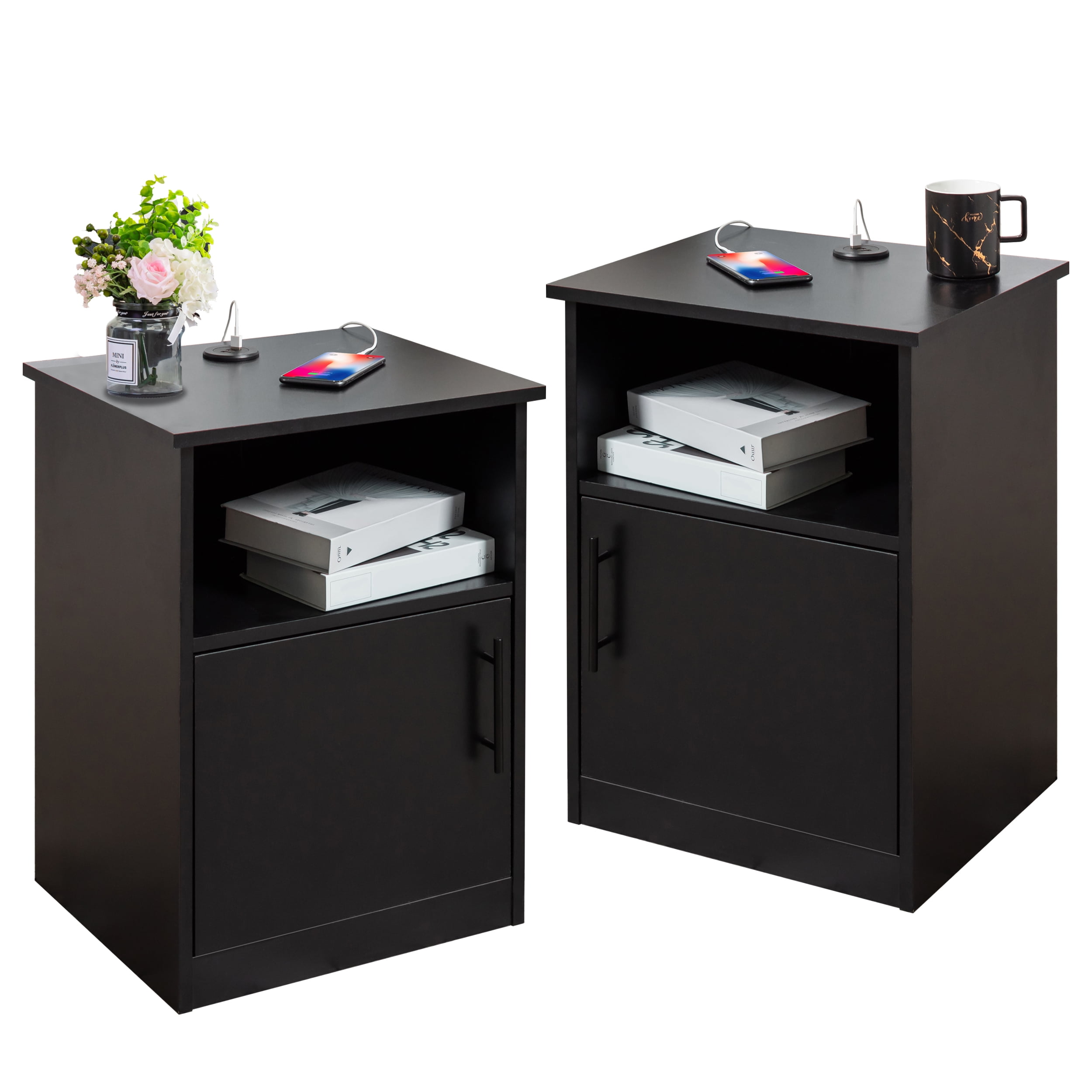 Benton Park Set of 2 Nightstand with Cabinet, 24"H Black Bedside Table with 3 USB Ports for Bedroom Living Room