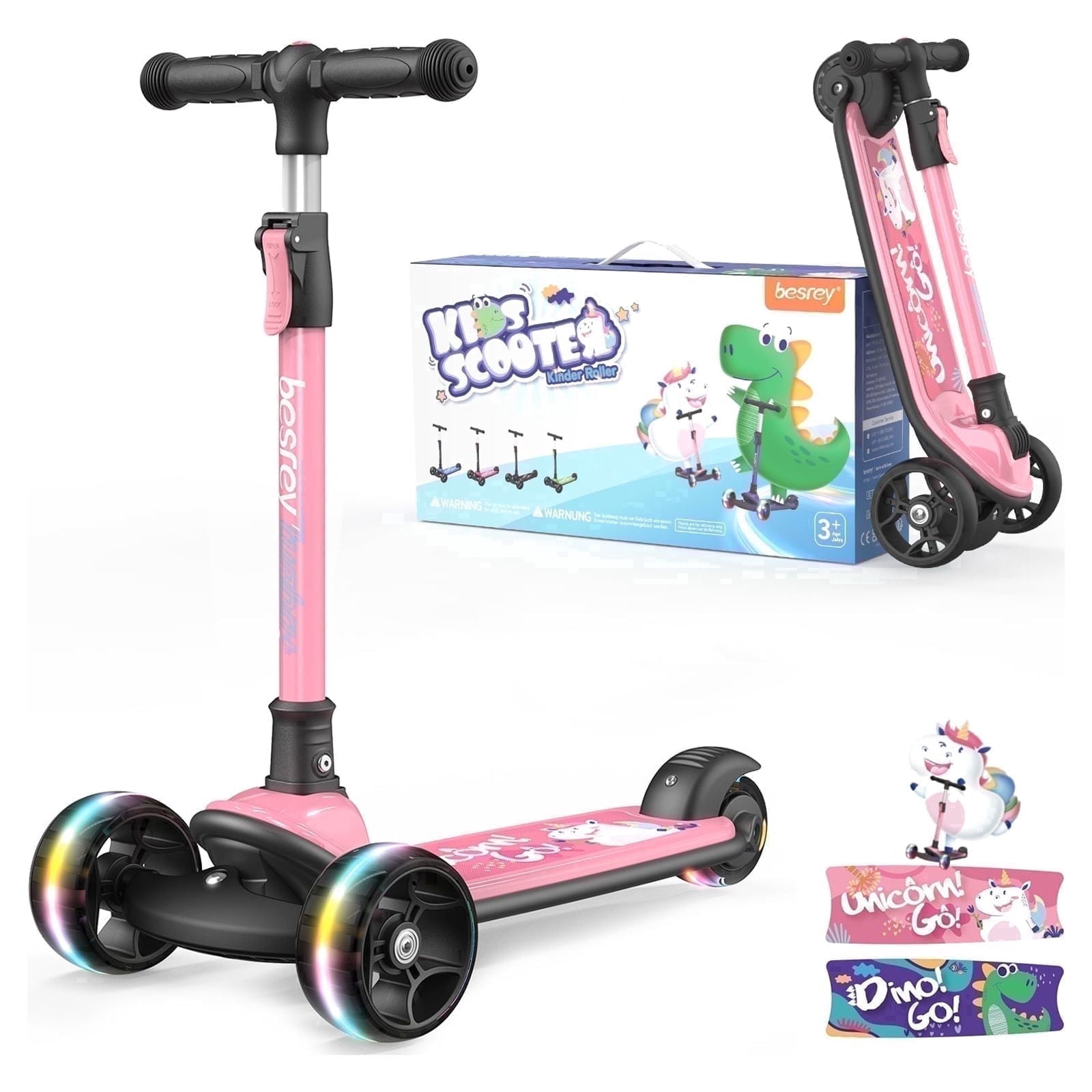Besrey 3 Wheel Toddler Scooter for Ages 3-10 Years Boys and Girls,Kids Scooter with LED Light Wheels and Foldable Adjustable Height,Pink
