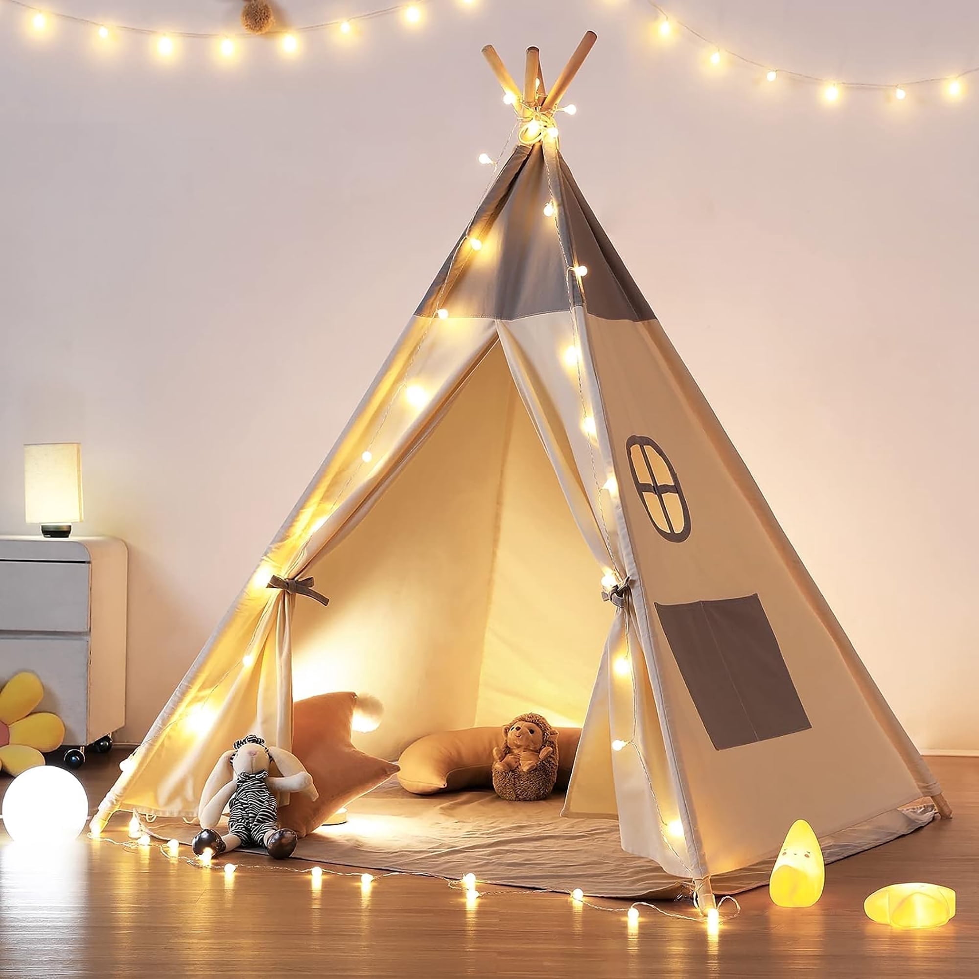 Besrey Kids Teepee Tent for Ages 3+ Girls and Boys,Toddler Playhuose with Light & Mat,Child Play Tent for Indoor/Outdoor,Matt Grey