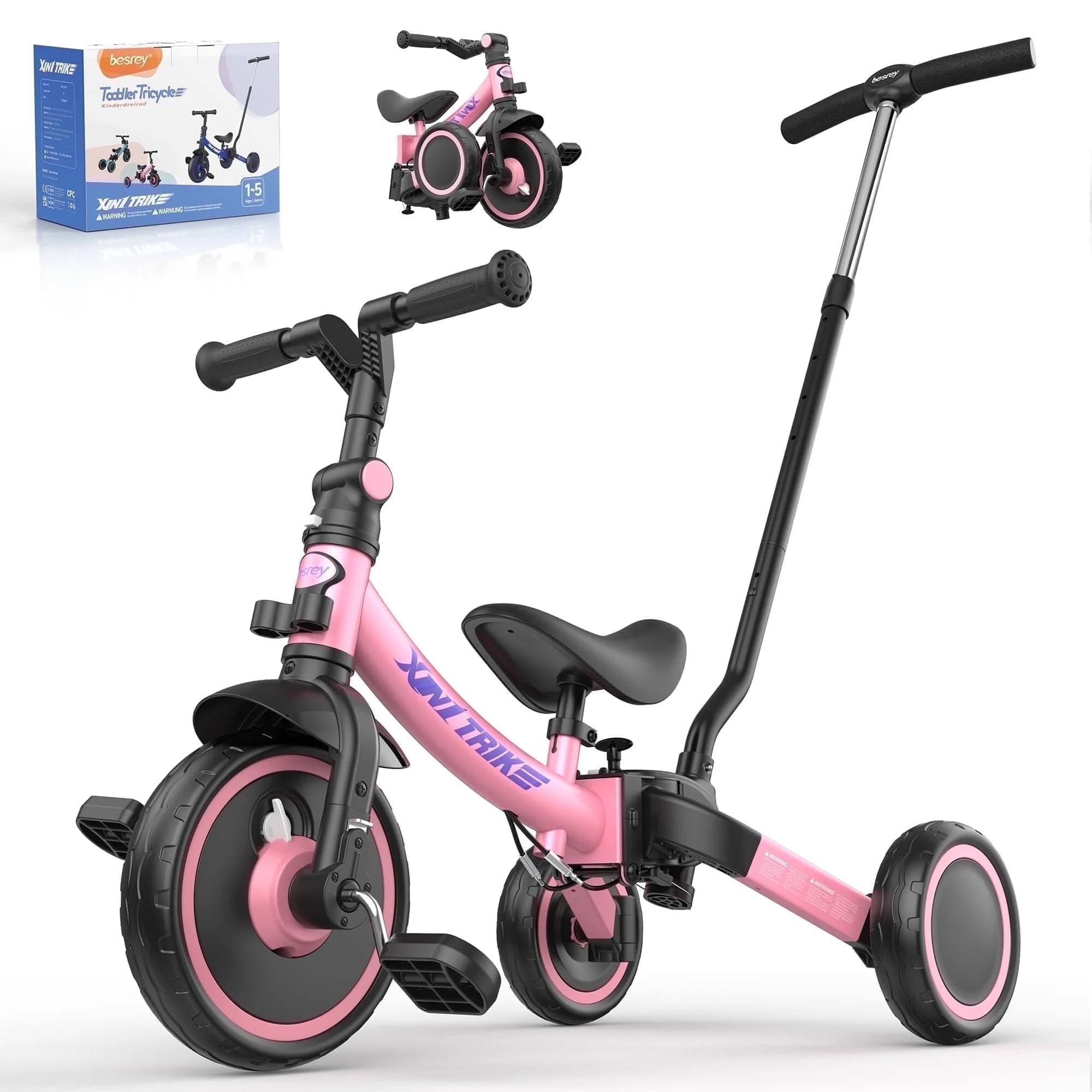 Besrey Toddler Tricycle with Push Handle,Kids Trike for Ages 1-5 Years Girls and Boys,Child Bike Toddler Bicycles,Pink