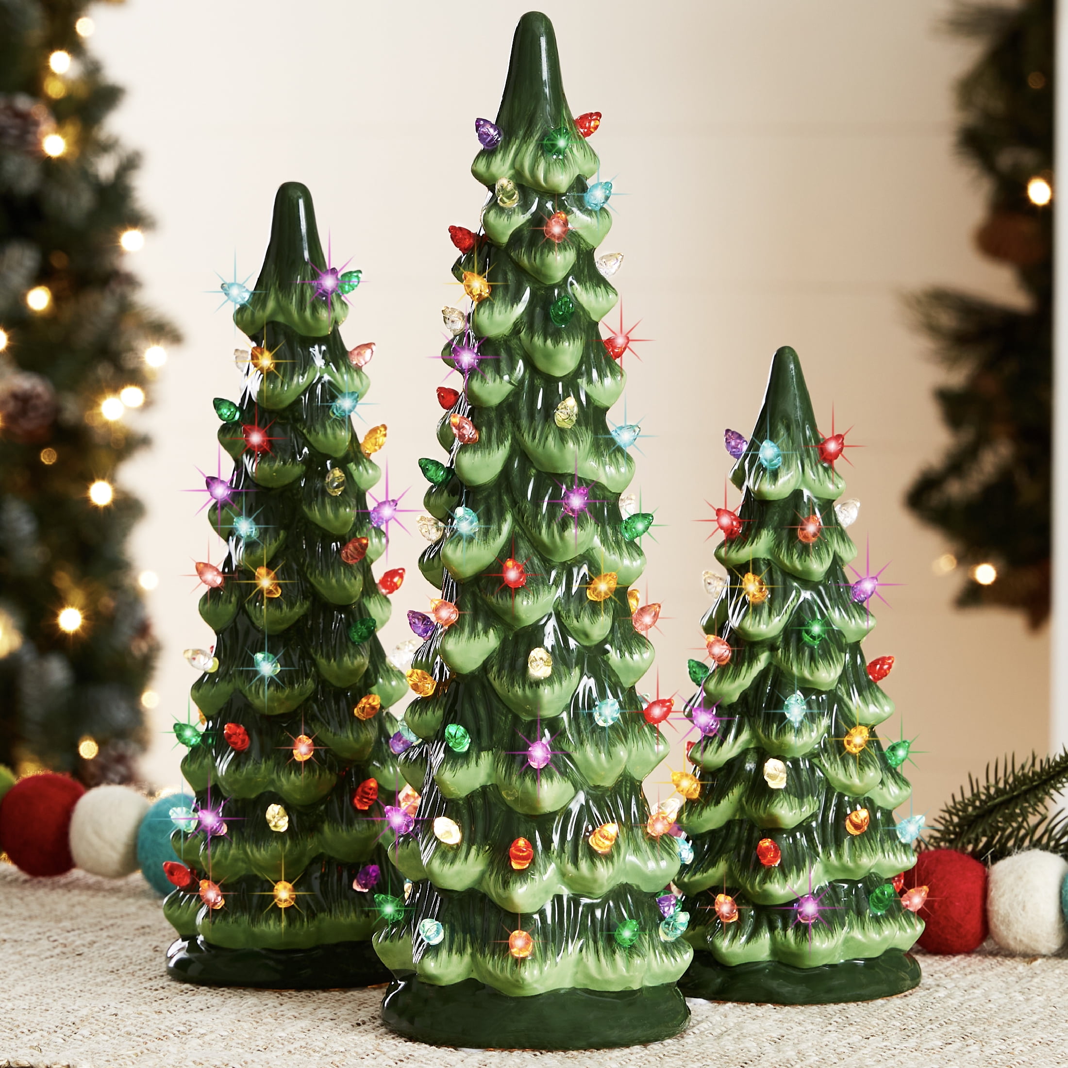 Best Choice Products Set of 3 Pre-Lit Hand-Painted Ceramic Tabletop Christmas Trees w/ Multicolor Lights - Green