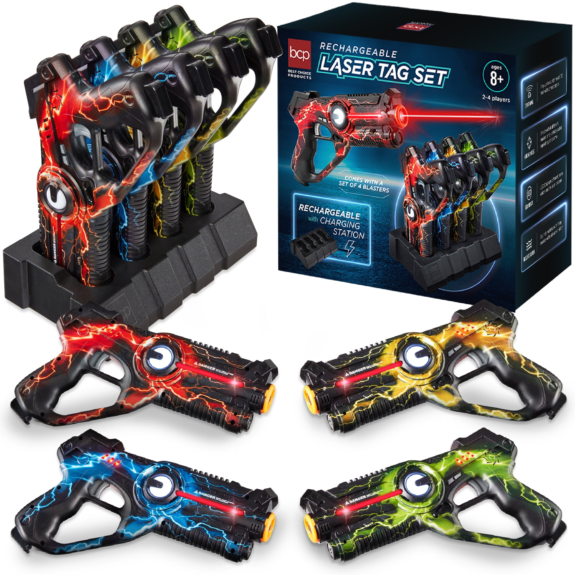 Best Choice Products Set of 4 Rechargeable Laser Tag Blasters No Vests Needed w/Docking Station - Red/Yellow/Blue/Green