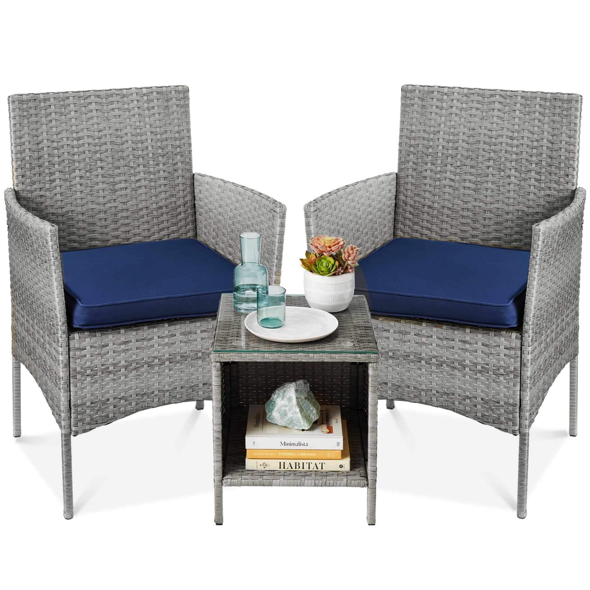 Best Choice Products 3-Piece Outdoor Wicker Conversation Patio Bistro Set, w/ 2 Chairs, Table - Gray/Navy
