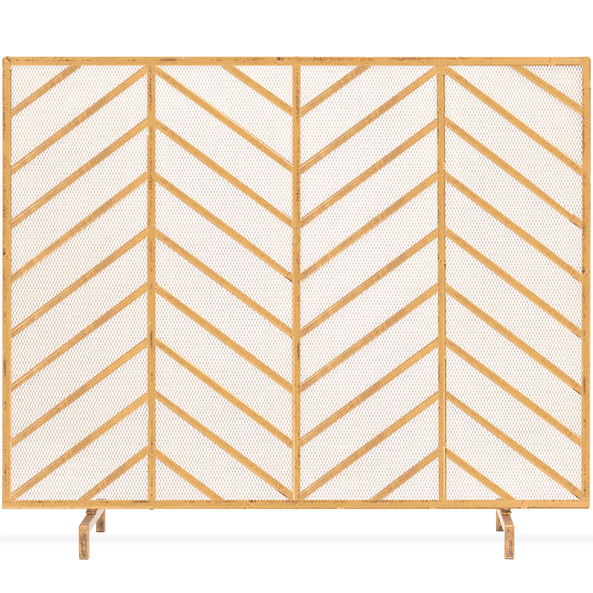 Best Choice Products 38x31in Single Panel Handcrafted Iron Chevron Fireplace Screen w/ Distressed Finish - Gold