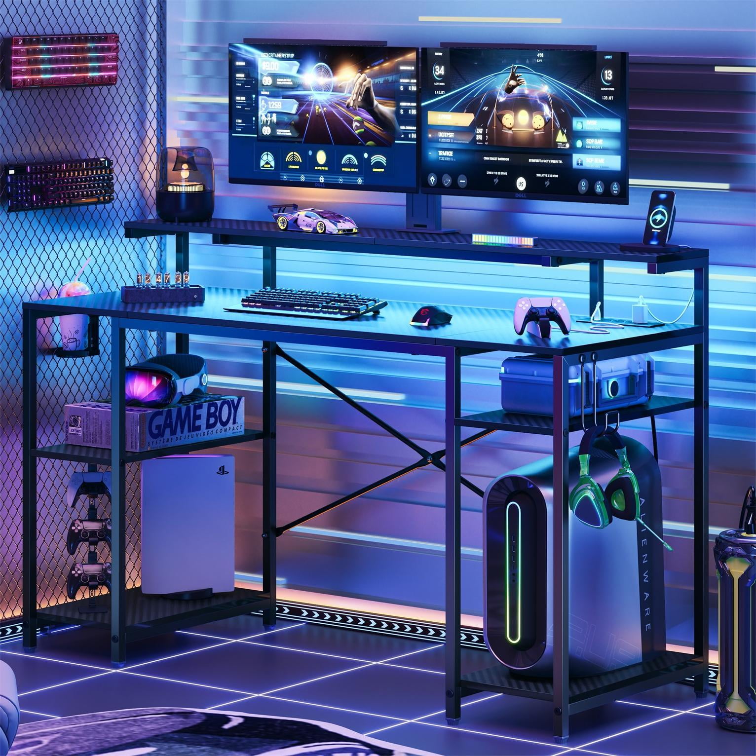 Bestier Gaming Desk with LED Light & Outlets 55" Computer Desk with Monitor Stand, Black Carbon Fiber