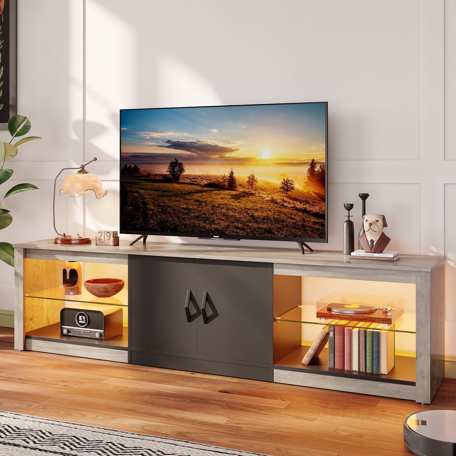 Bestier TV Stand for TVs up to 75" with Storage Cabinet, Gmaing Entertainment Center Media Console with LED Lights for Living Room, Wash Grey