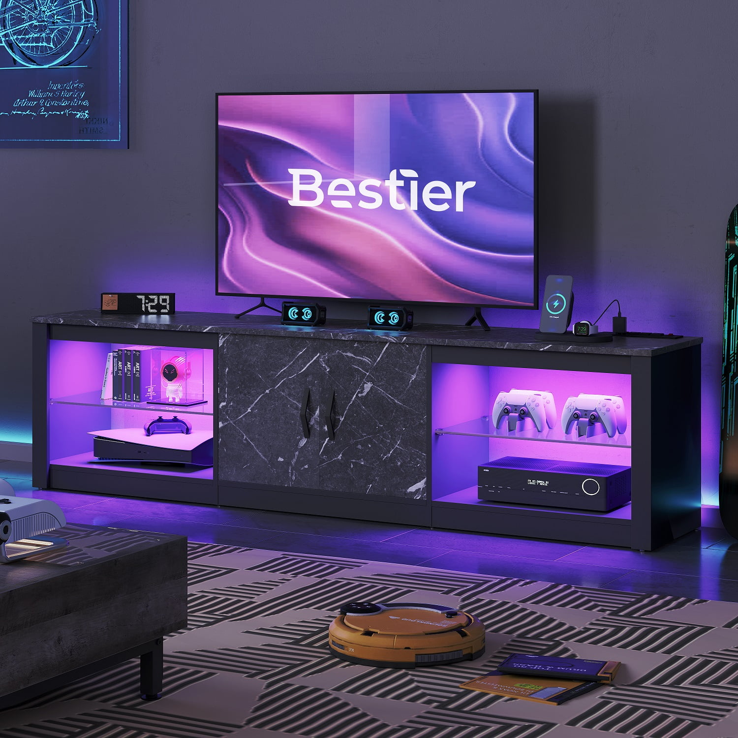 Bestier TV Stand for TVs up to 75" with LED Lights & Power Outlet, Entertainment Center with Storage Cabinet, Black Marble