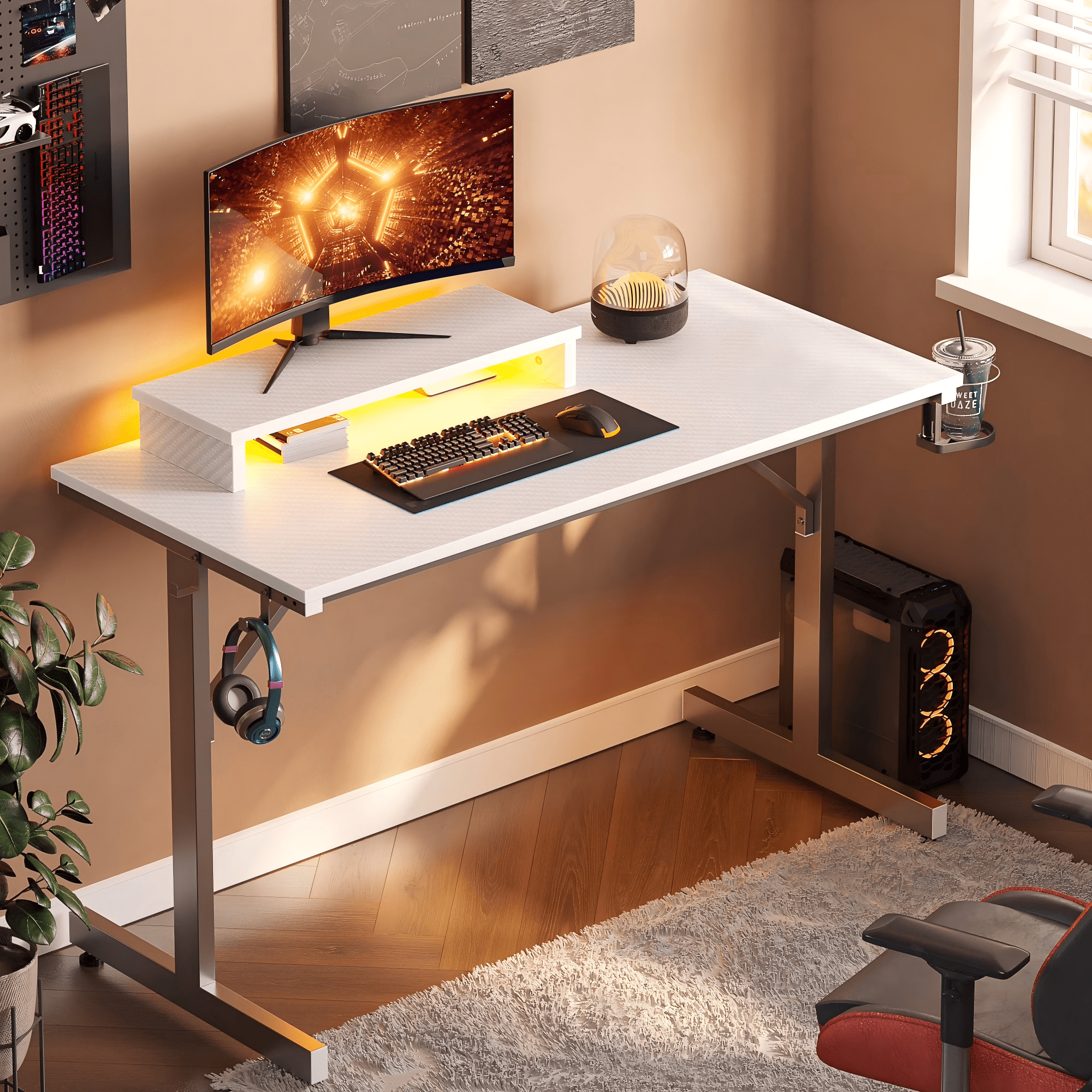 Bestier 42 inch LED Gaming Desk with Monitor Stand PC Computer Gamer Home Office Table in White