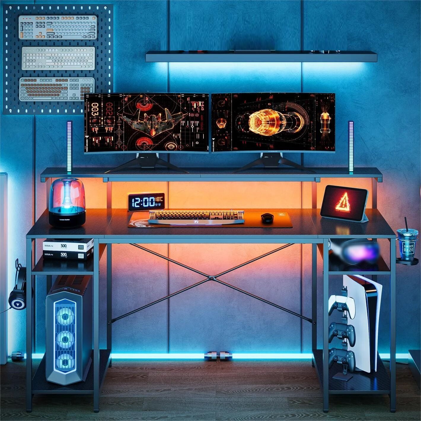 Bestier 55" Gaming Desk with LED Light & Monitor Stand Computer Desk Corner Desk for Home Office, Black Carbon Fiber