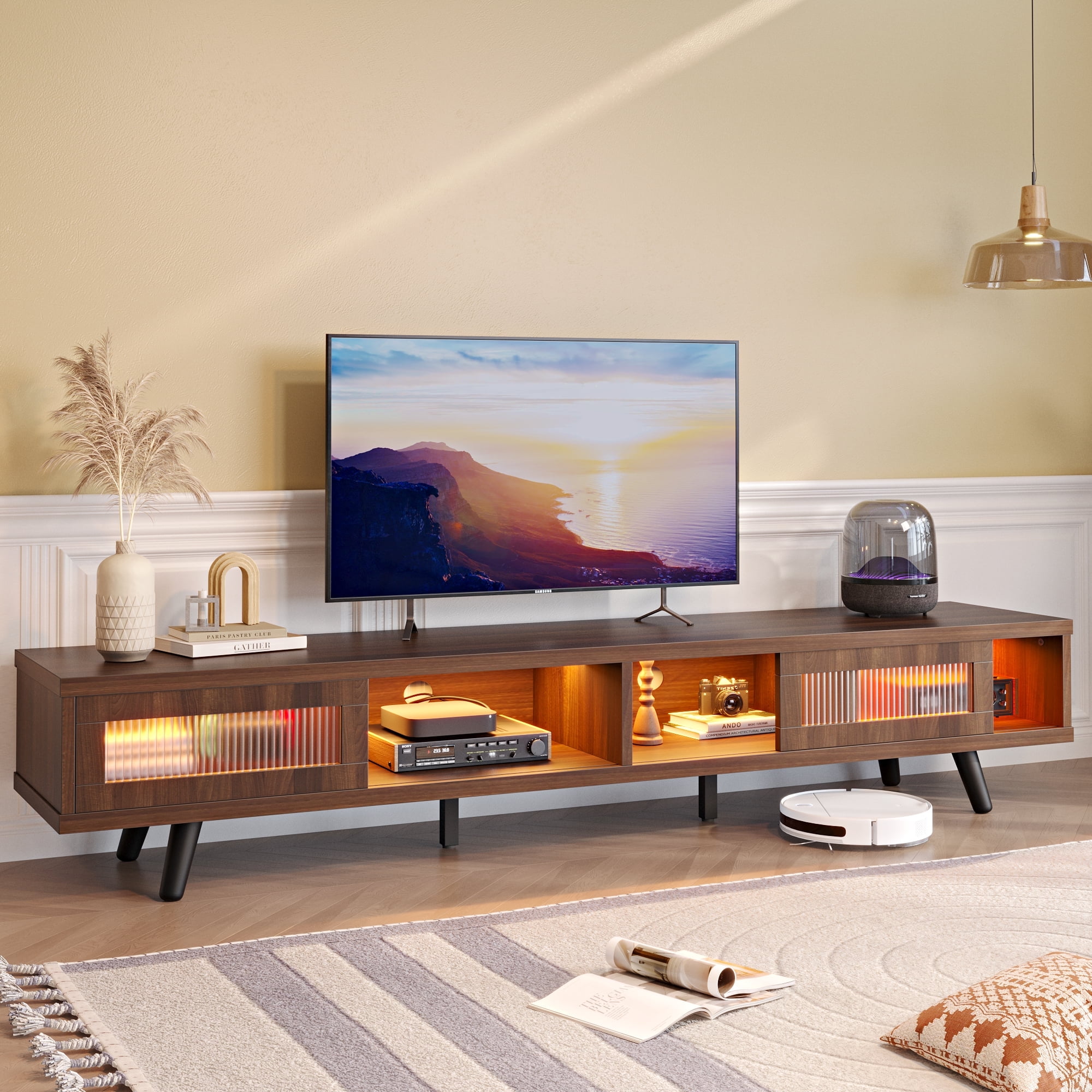 Bestier 70" LED TV Stand for TVs up to 75" TV, Mid-Century Modern Entertainment Center with Sliding Glass Door, Media TV Console Table, Ancona Walnut