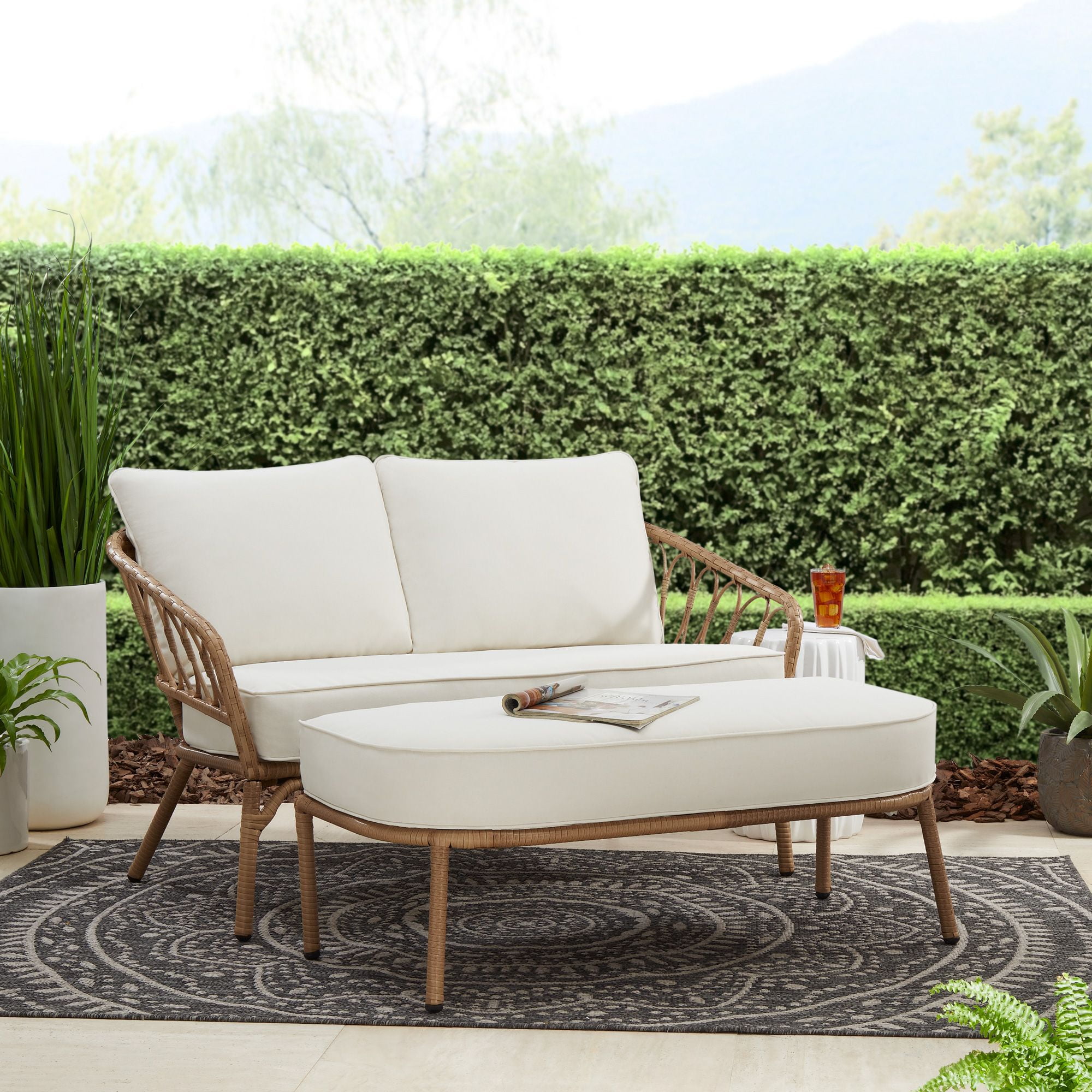 Better Homes & Gardens Willow Sage All-Weather Wicker Outdoor Loveseat and Ottoman Set, Beige