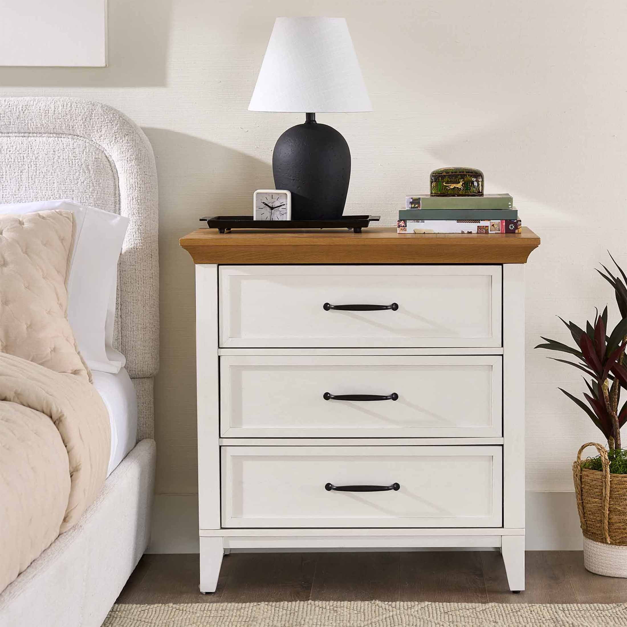 Better Homes & Gardens Canton 3-Drawer Nightstand, Textured White and Light Honey