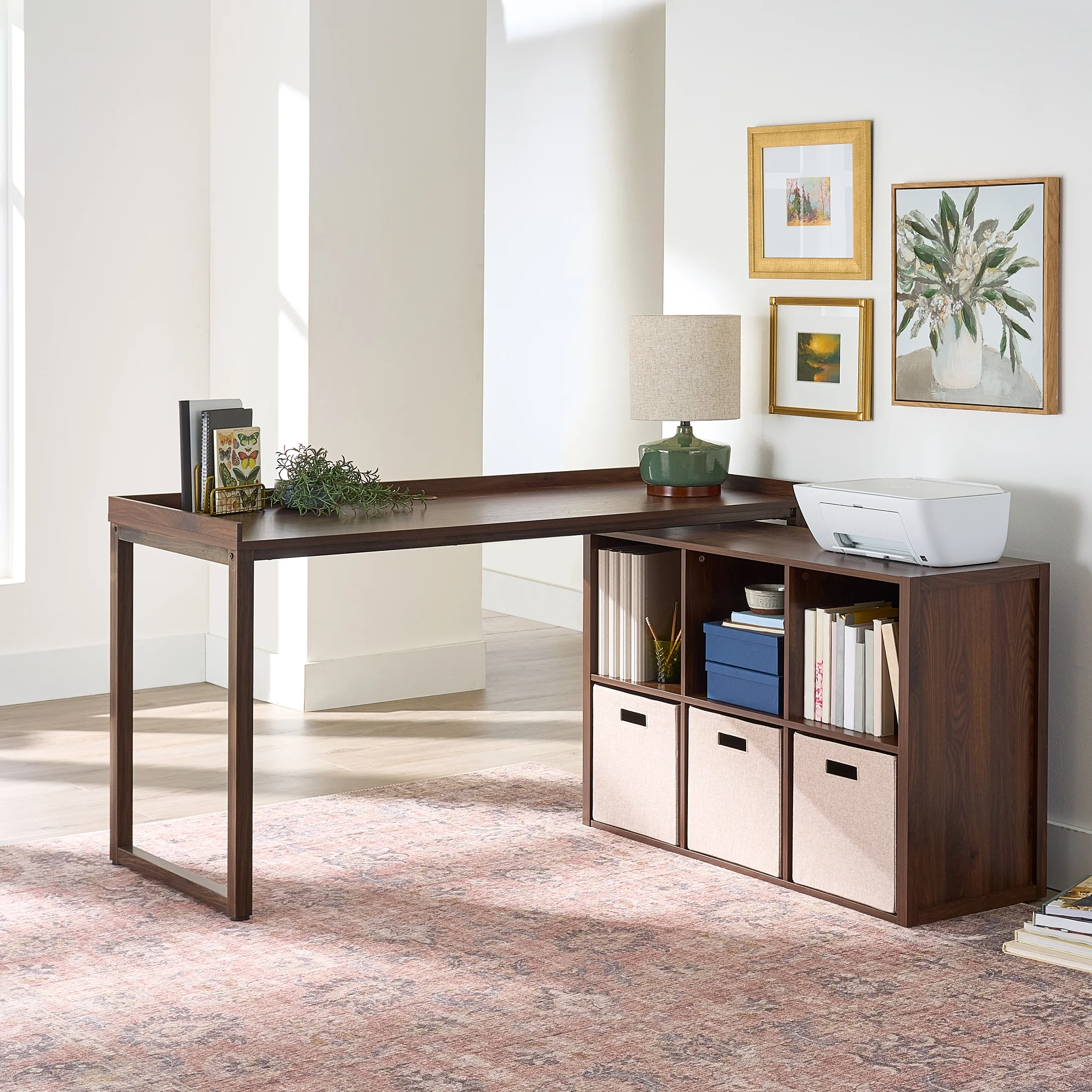 Better Homes & Gardens Ezra Modular L Desk with 6-Cube Storage, Walnut Finish