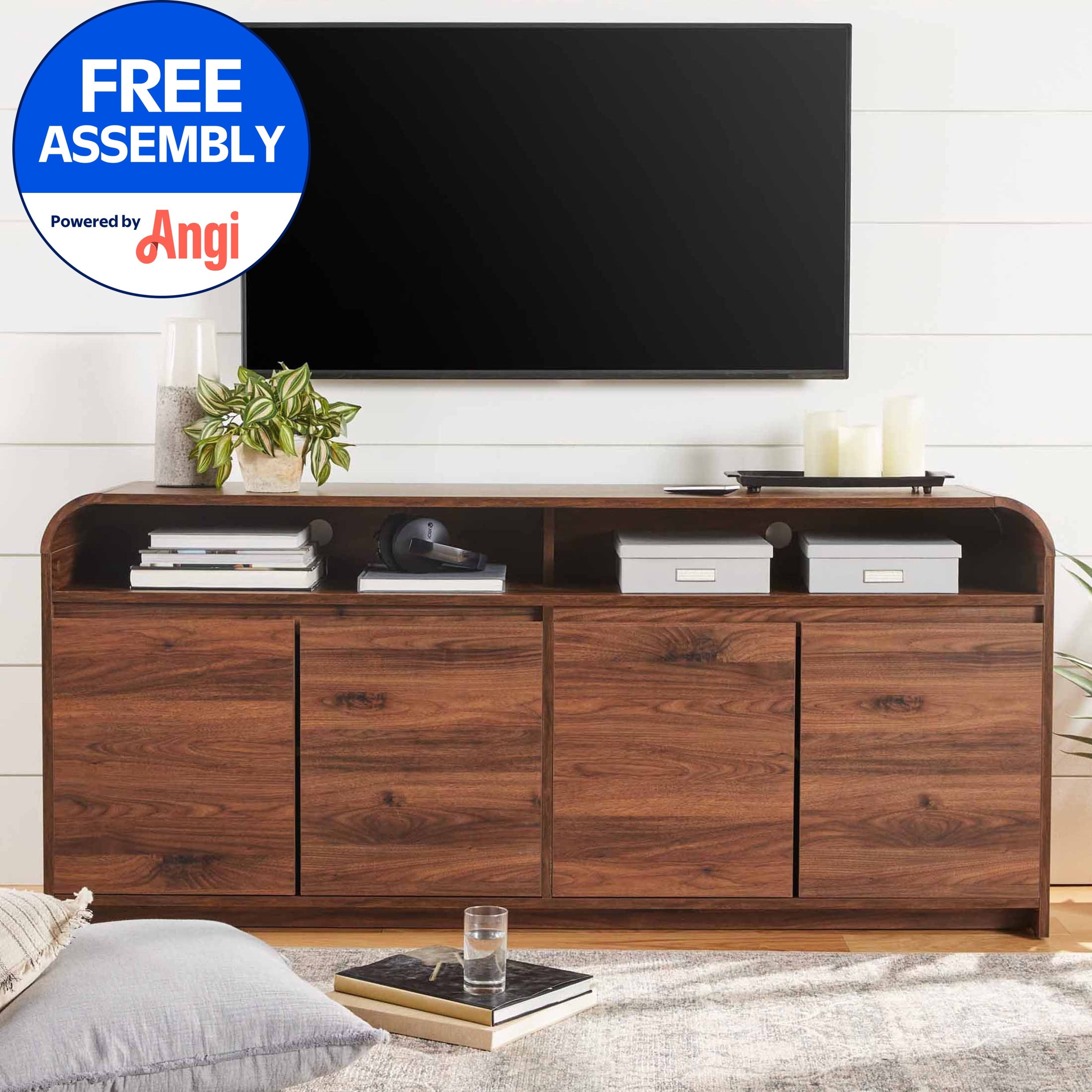 Better Homes & Gardens Juliet Curved TV Stand for TVs up to 75”, Walnut Finish