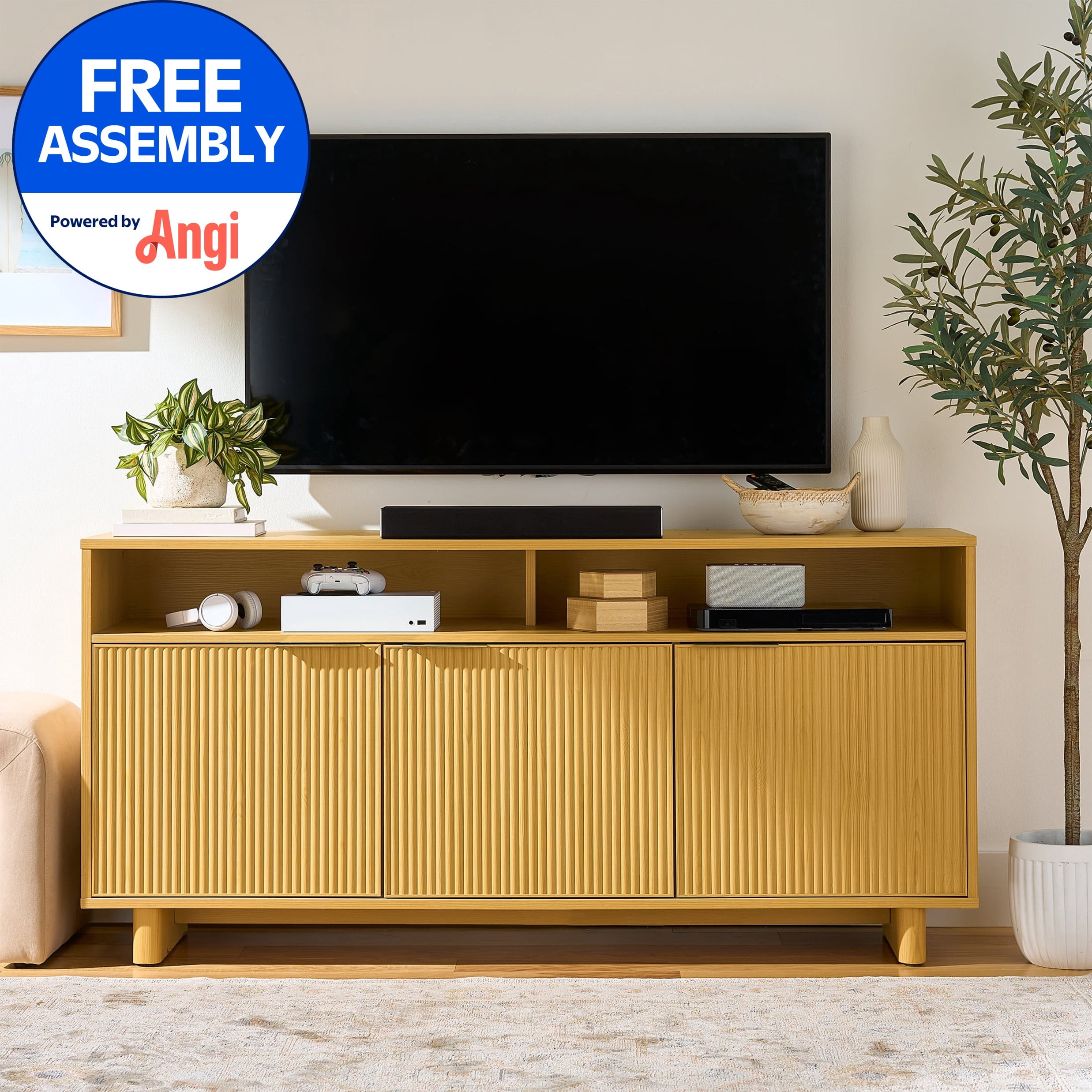 Better Homes & Gardens Lillian Fluted TV Stand for TVs up to 70", Natural Pine Finish
