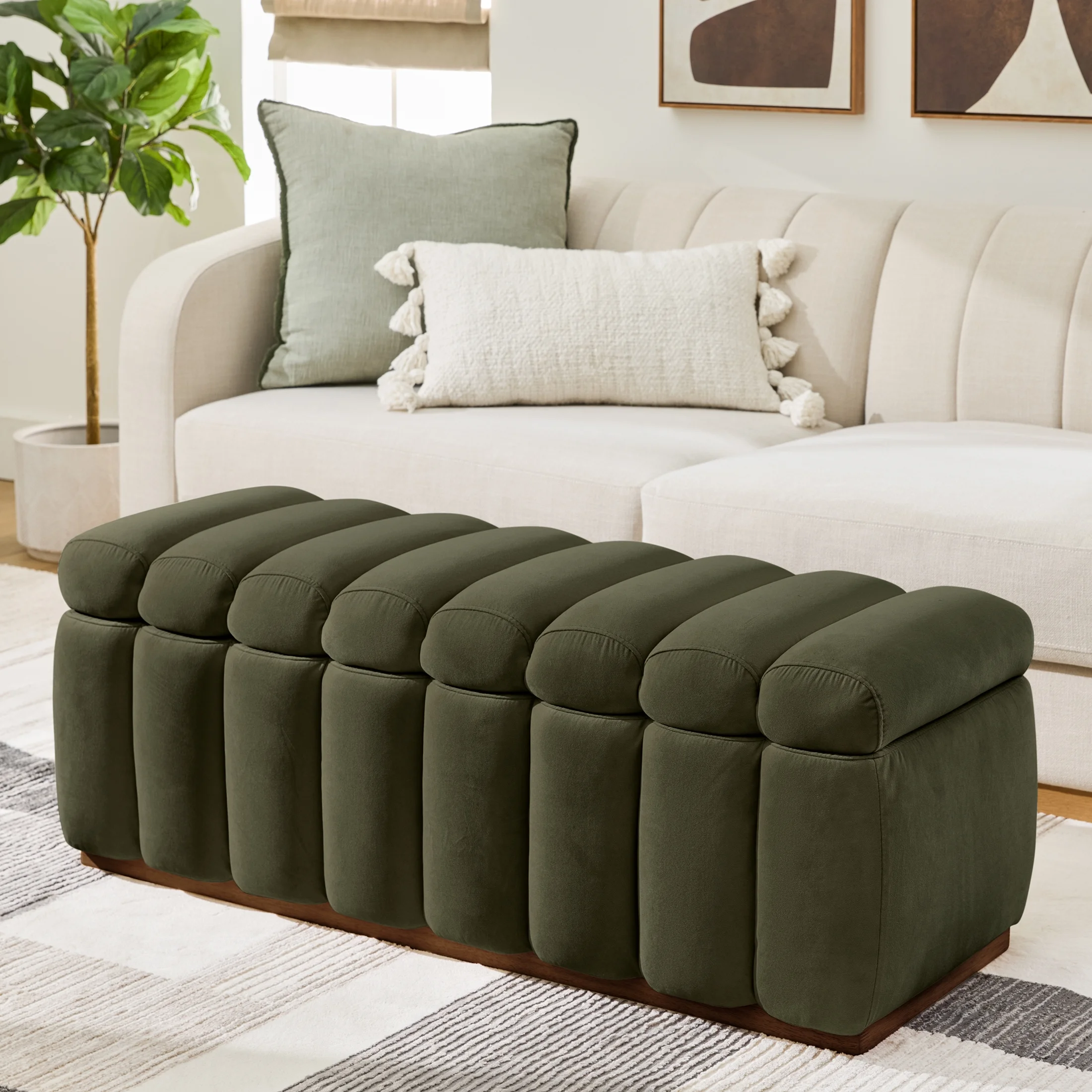 Better Homes & Gardens 47.24" Lillian Channel Tufted Bench, Olive Velvet