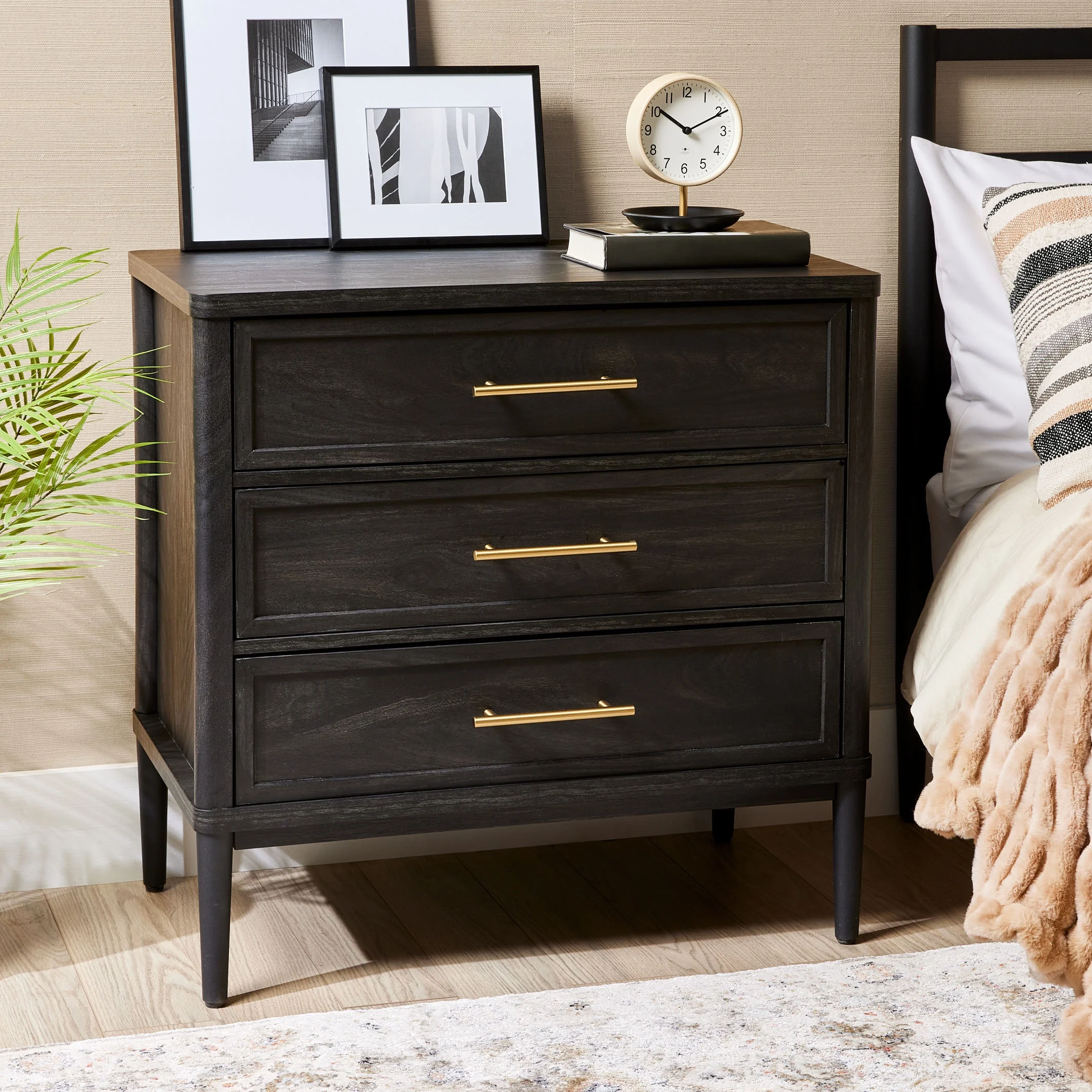 Better Homes & Gardens Oaklee 3 Drawer Nightstand with USB, Charcoal Finish