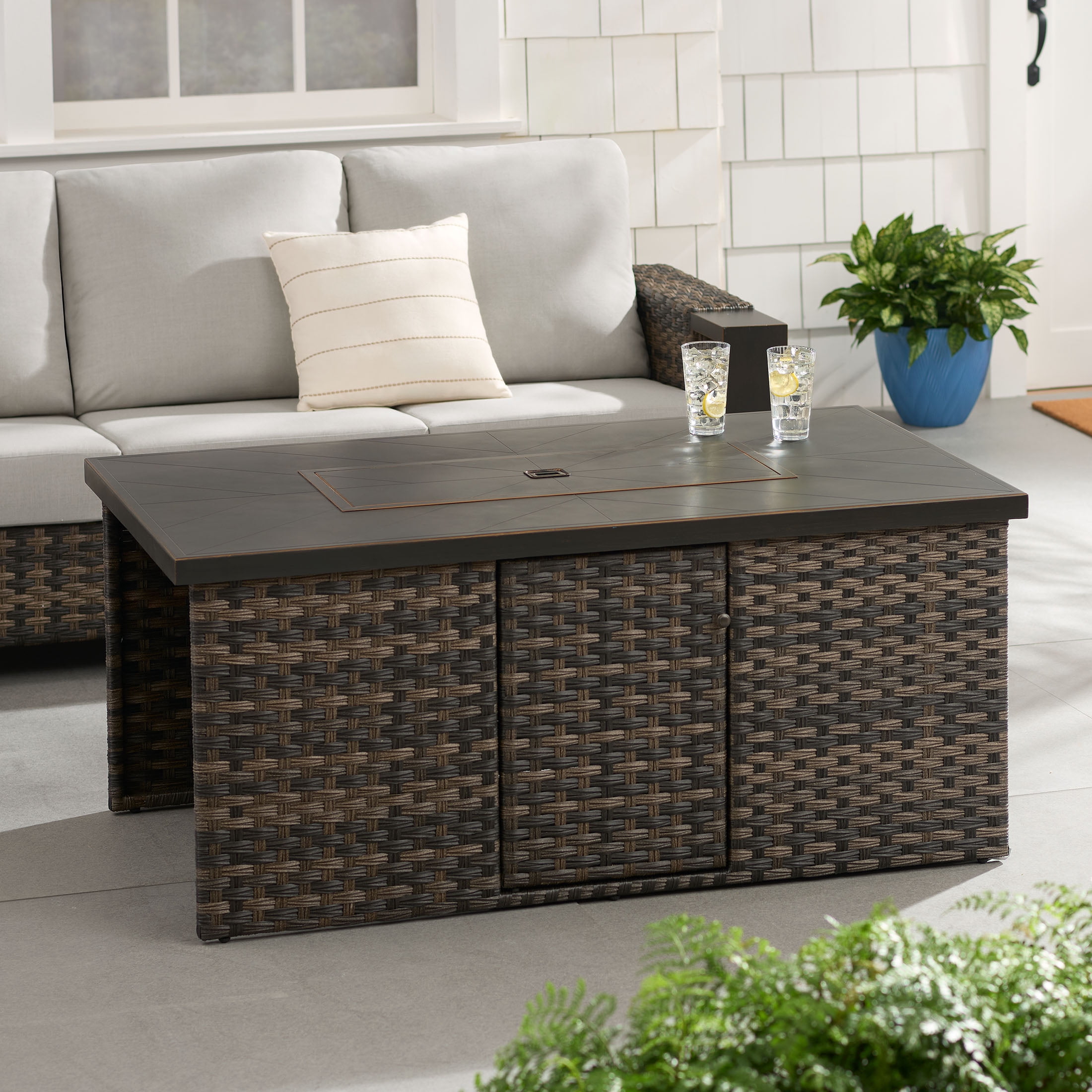 Better Homes & Gardens Rockport Club 55" x 31" Rectangular Propane Fire Pit Table with Lid - 50,000 BTU, Brown