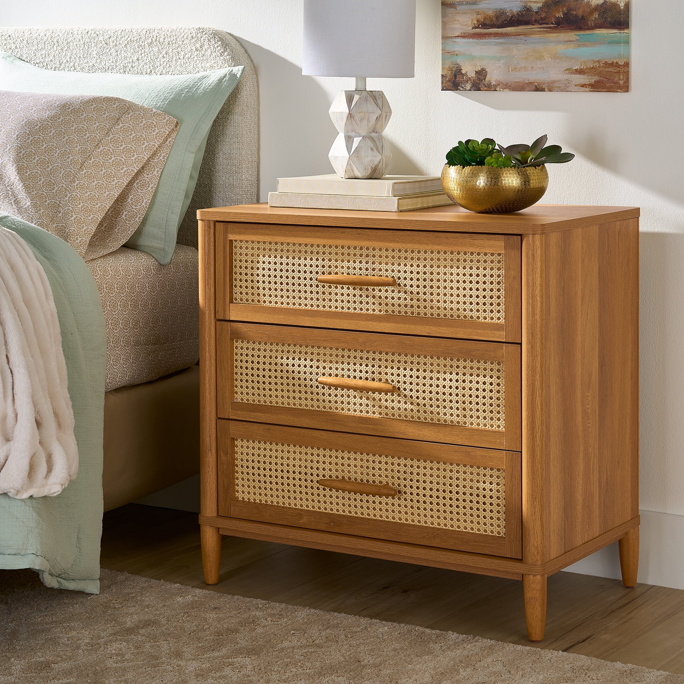 Better Homes & Gardens Springwood Caning 3-Drawer Nightstand with USB, Light Honey finish