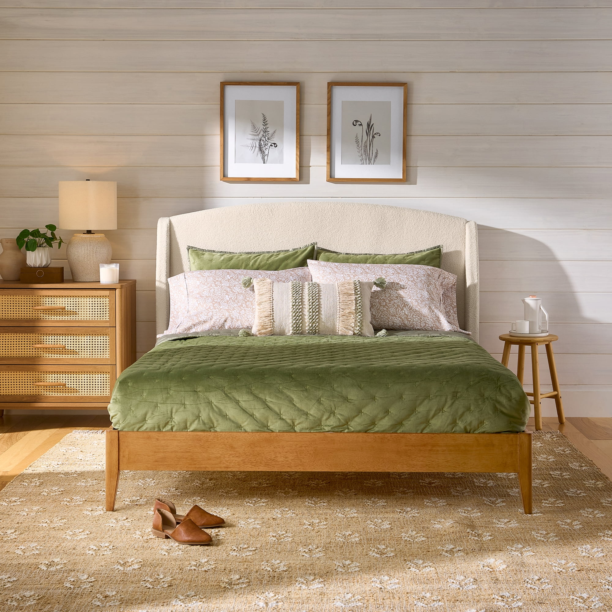 Better Homes & Gardens Springwood Upholstered Queen Bed, Shearling and Light Honey Finish