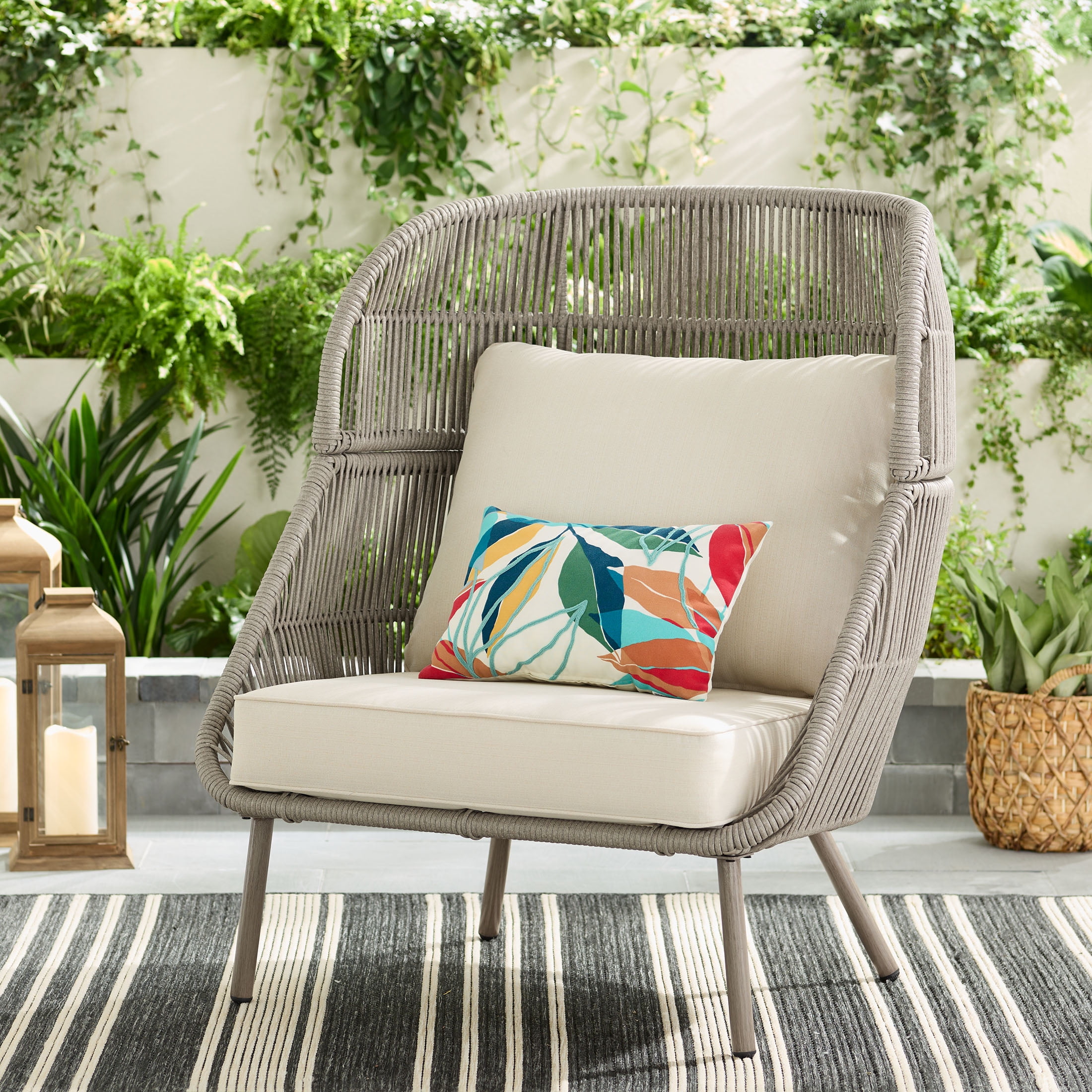 Better Homes & Gardens Tarren Beige Wicker Outdoor High-Back Accent Chair with Cushions
