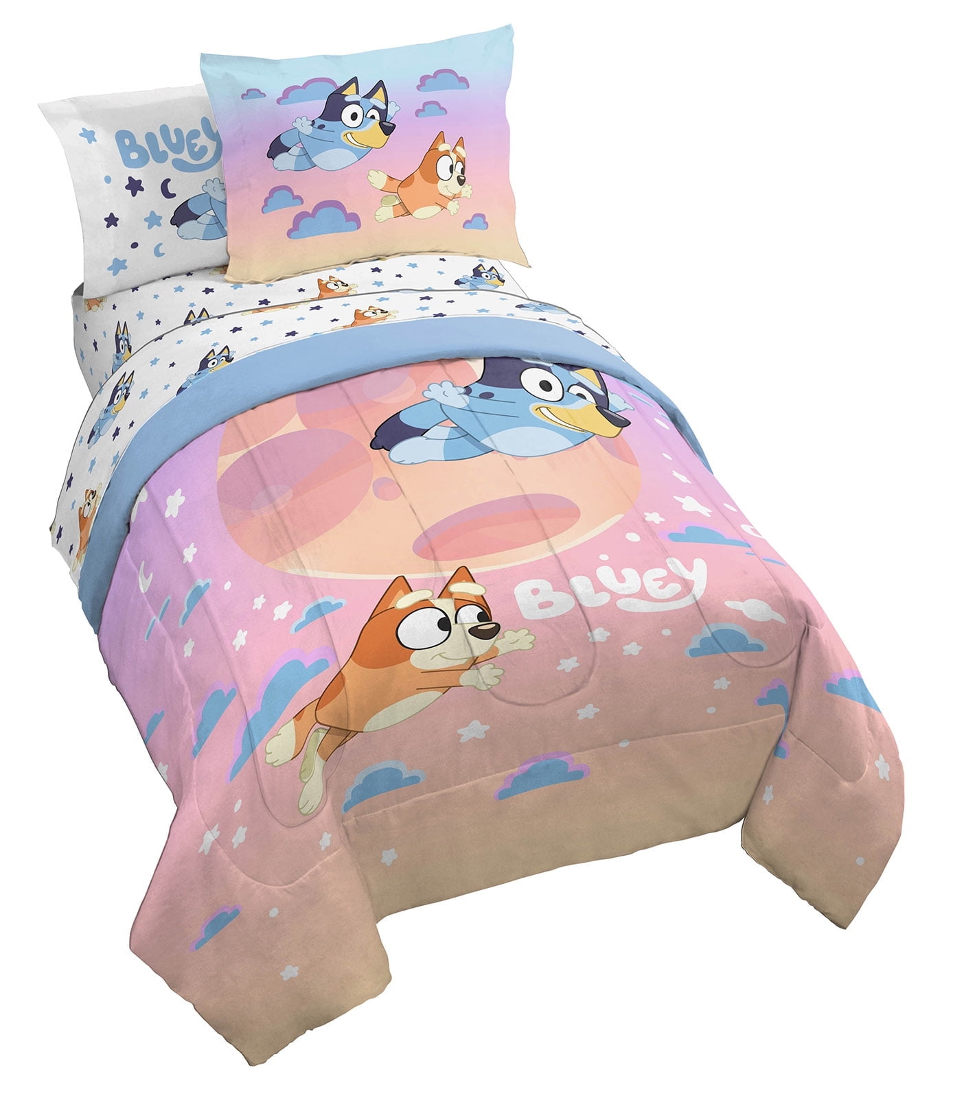 BBC Bluey Sisters Sleepy Time 7 Piece Full Size Kids Bed Set with Shams